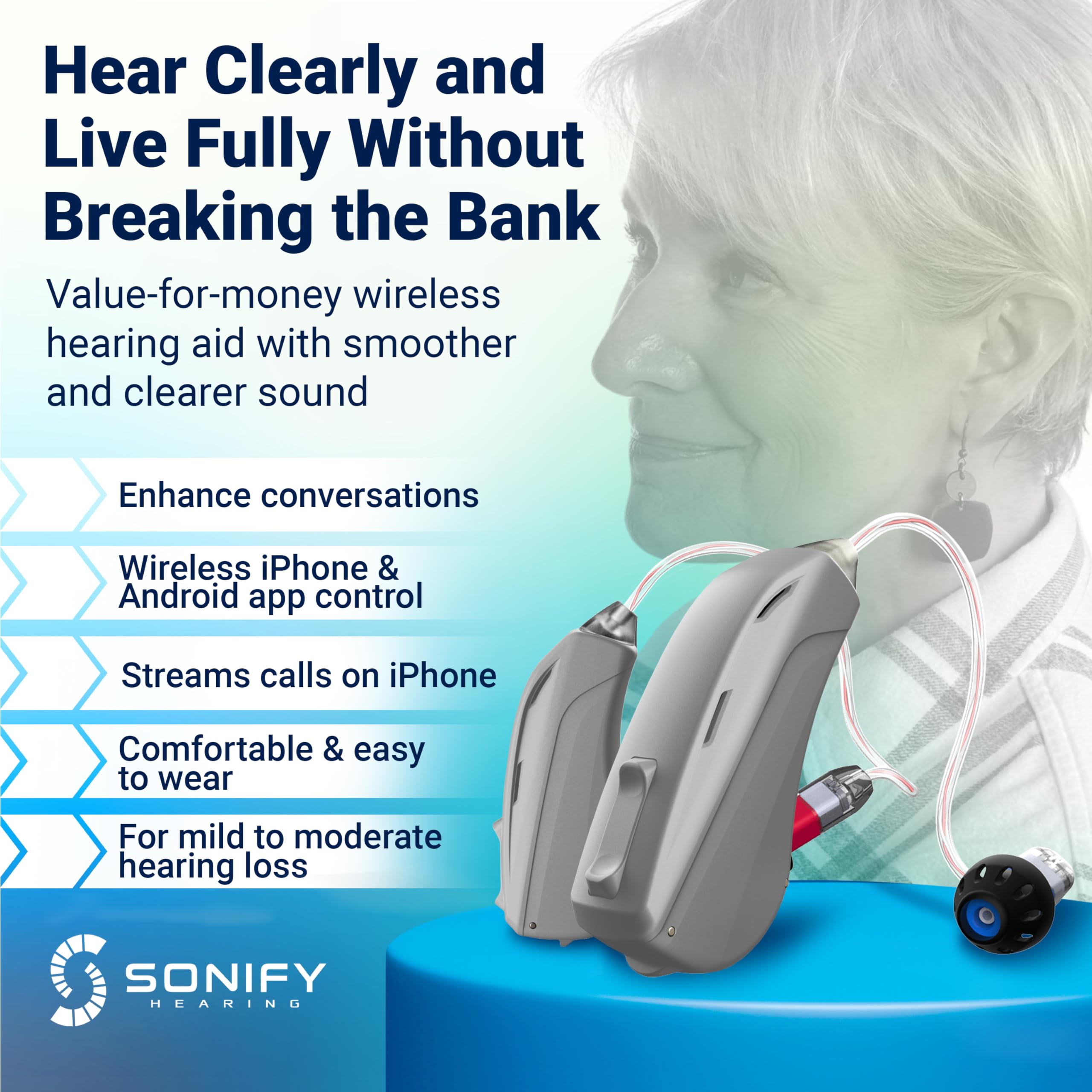 Mach I Pro Wireless OTC Bluetooth Hearing Aids for Adults & Seniors - Rechargeable, Noise Cancelling, Nearly Invisible Hearing Amplifier - Compatible with iOS & Android for Streaming Calls - FSA/HSA Eligible - Perfect for TV Watching, Conversations & Outdoor Activities (Slate)