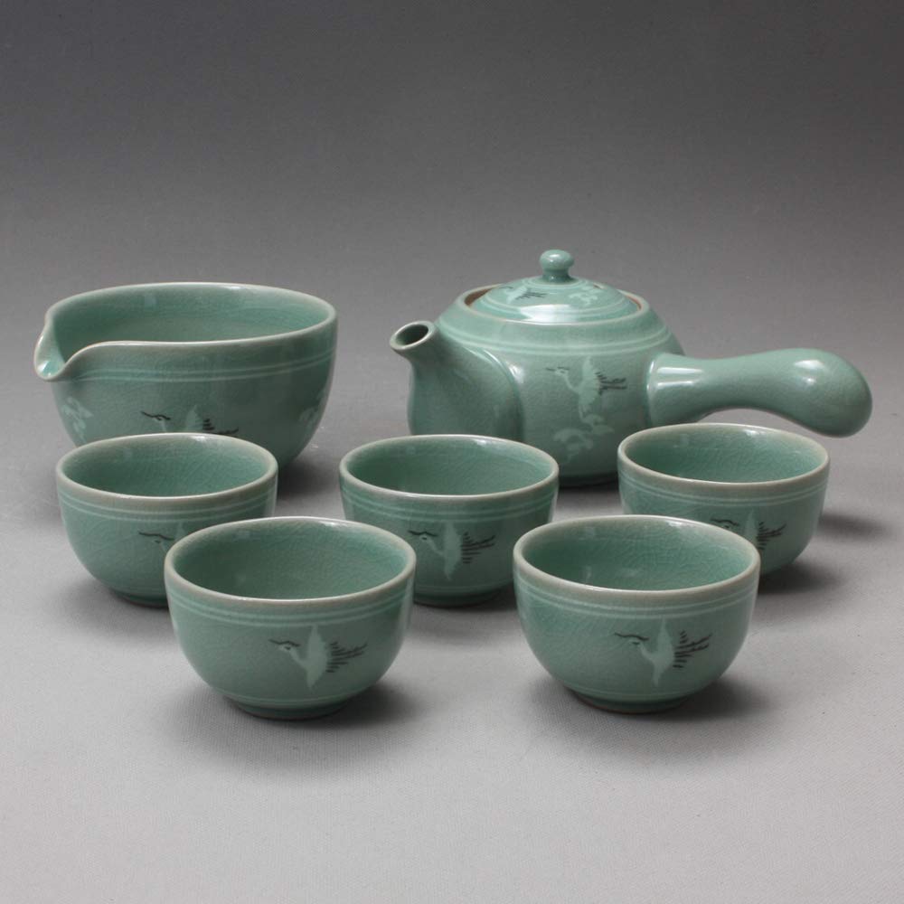 Korean Style Celadon Porcelain Tea Set - Crane & Cloud Design Ceramic Tea Ceremony Gift Set with 11.8oz (350ml) Side Handle Teapot, Cups, Pitcher & Cooling Bowl | Perfect for Japanese Tea Ceremony, Home Decor & Thoughtful Gifts