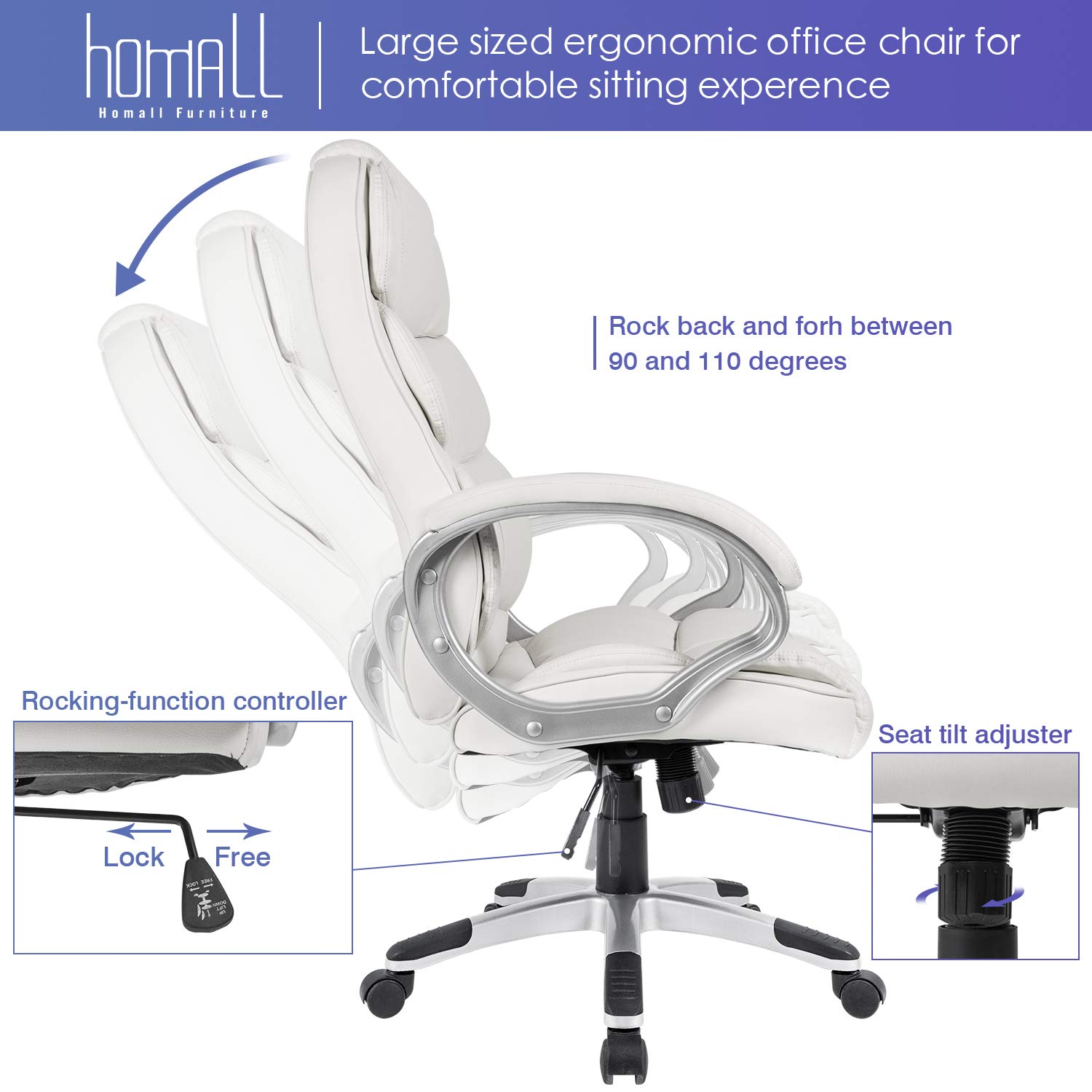 Homall High Back Office Chair - Ergonomic PU Leather Executive Desk Chair with Adjustable Height, Swivel Base, Padded Armrests & Lumbar Support for Home & Office Workspace (White) - Perfect for Long Hours Computer Work, Gaming & Conference Rooms