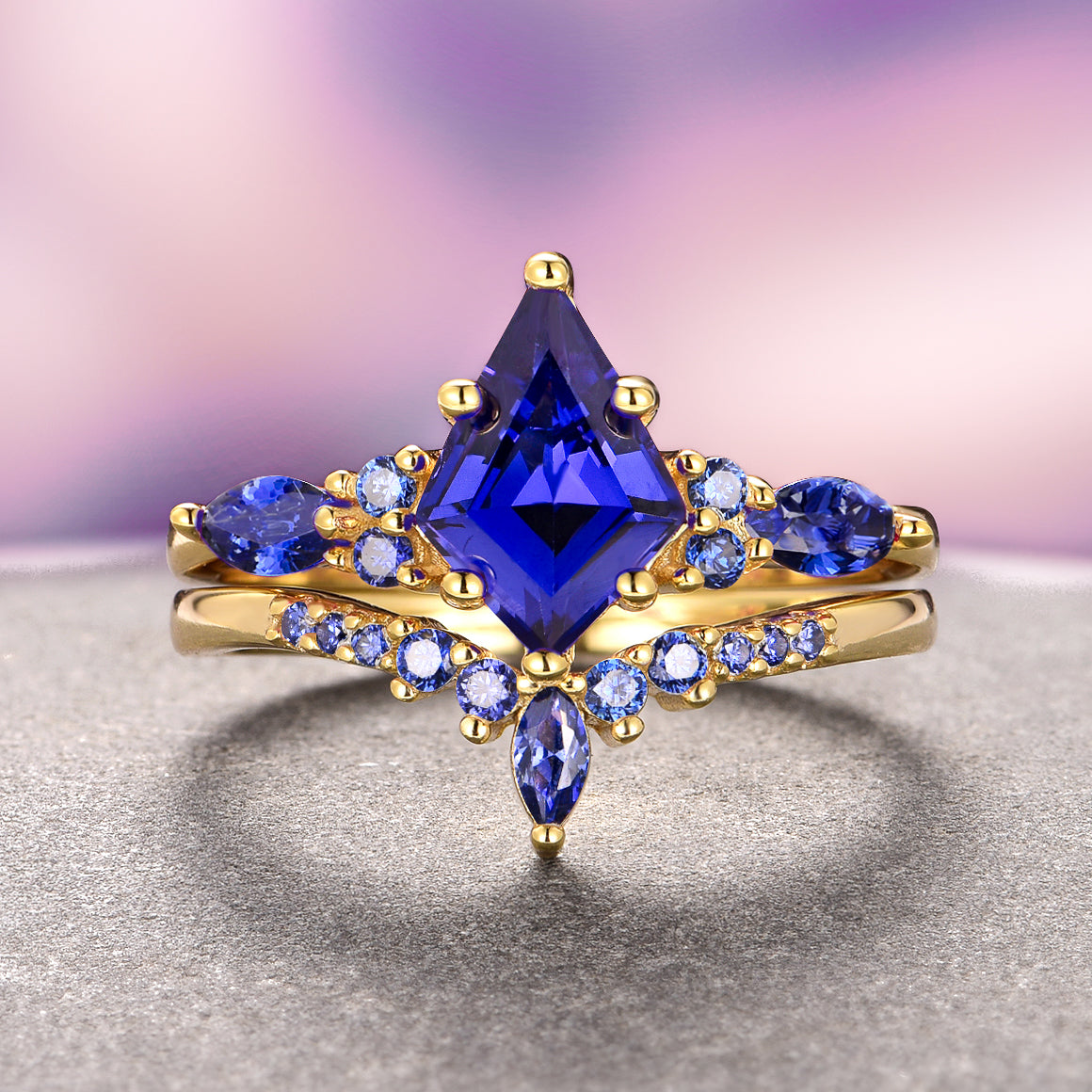 Skye Kite™ 14K Solid Yellow Gold Blue Sapphire Ring Set for Women - Elegant Wedding, Engagement & Anniversary Jewelry Gift