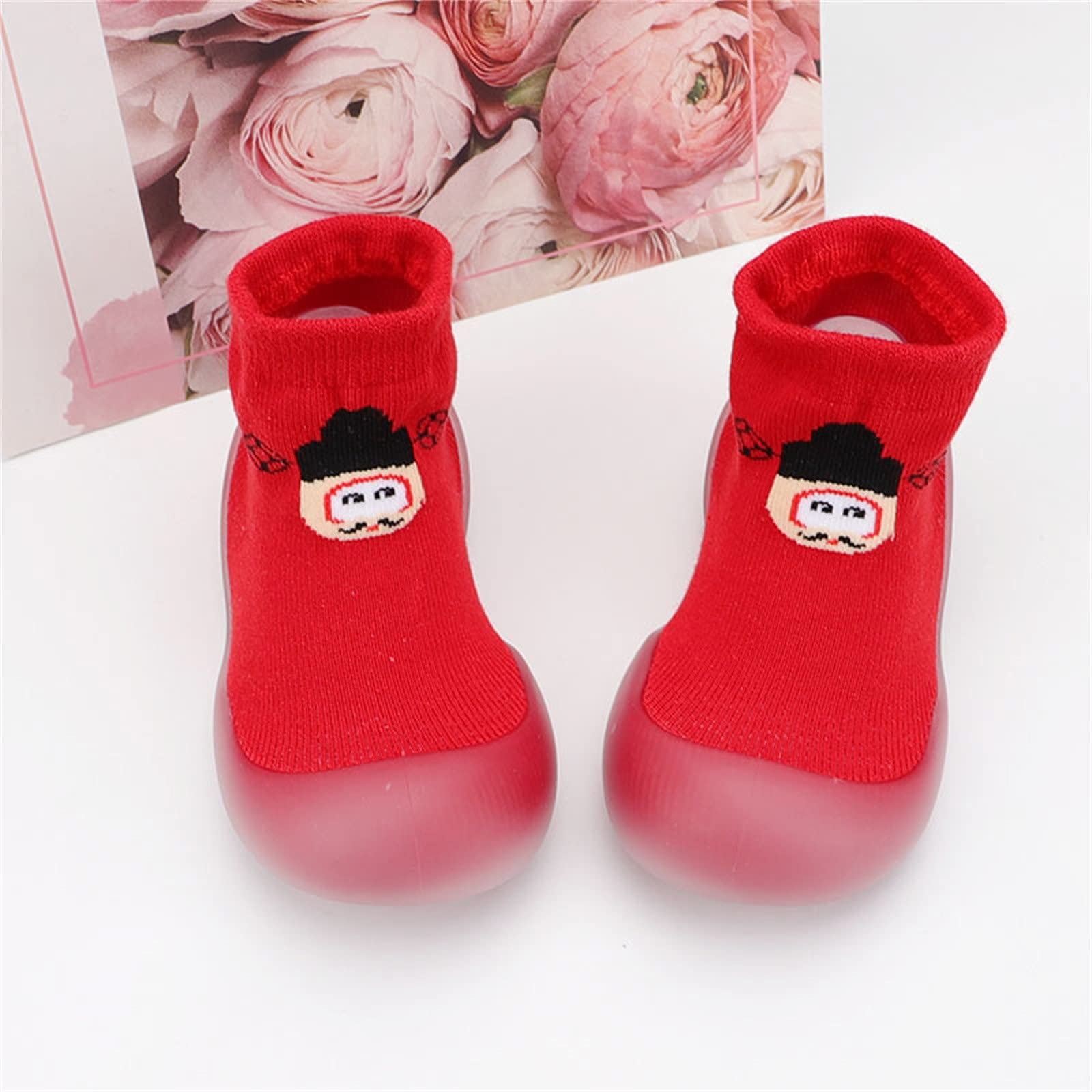 Non-Slip Baby Sneakers for Toddlers 2-4 Years - Elastic First Walkers with Cartoon Design | Soft Infant Socks Shoes for Boys & Girls (Red) - Perfect for Indoor Play, Learning to Walk & Daily Outfits