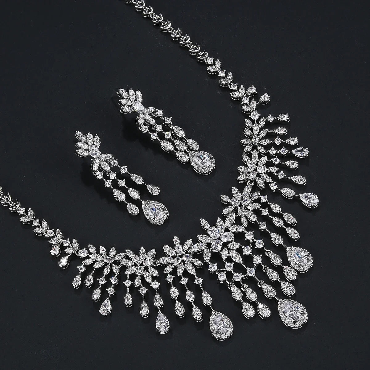 Cubic Zirconia Droplet Flower Tassel Necklace & Earrings 2-Piece Set - Elegant Bridal Jewelry for Women, Wedding & Party Accessories - Perfect for Bridal Showers, Prom & Special Occasions
