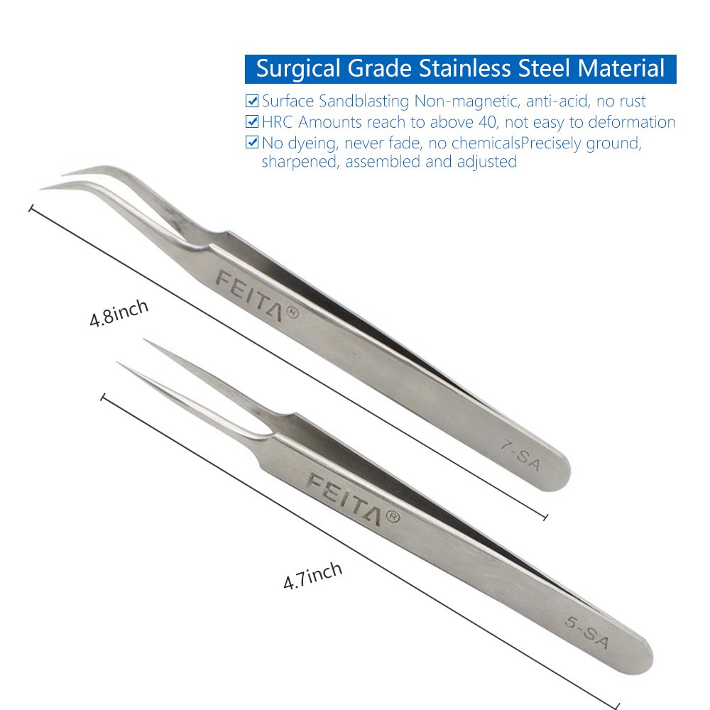 FEITA Professional Eyelash Extension Tweezers Set - Straight & Curved Pointed Fine Tip Tweezers for Lash Extensions, False Lashes & Beauty Salon Use - Silver Stainless Steel 2-Piece Kit for Precise Lash Application