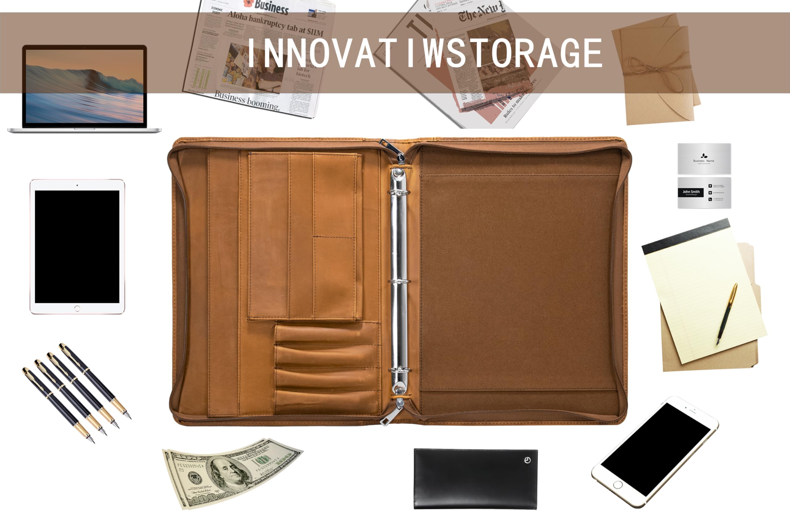 Premium Genuine Leather Business Portfolio for Men - Professional Zippered Padfolio Organizer with 3-Ring Binder, Pen Holder & Card Slots | Perfect for iPad & Kindle Fire | Ideal for Office Meetings, Business Travel & Presentations