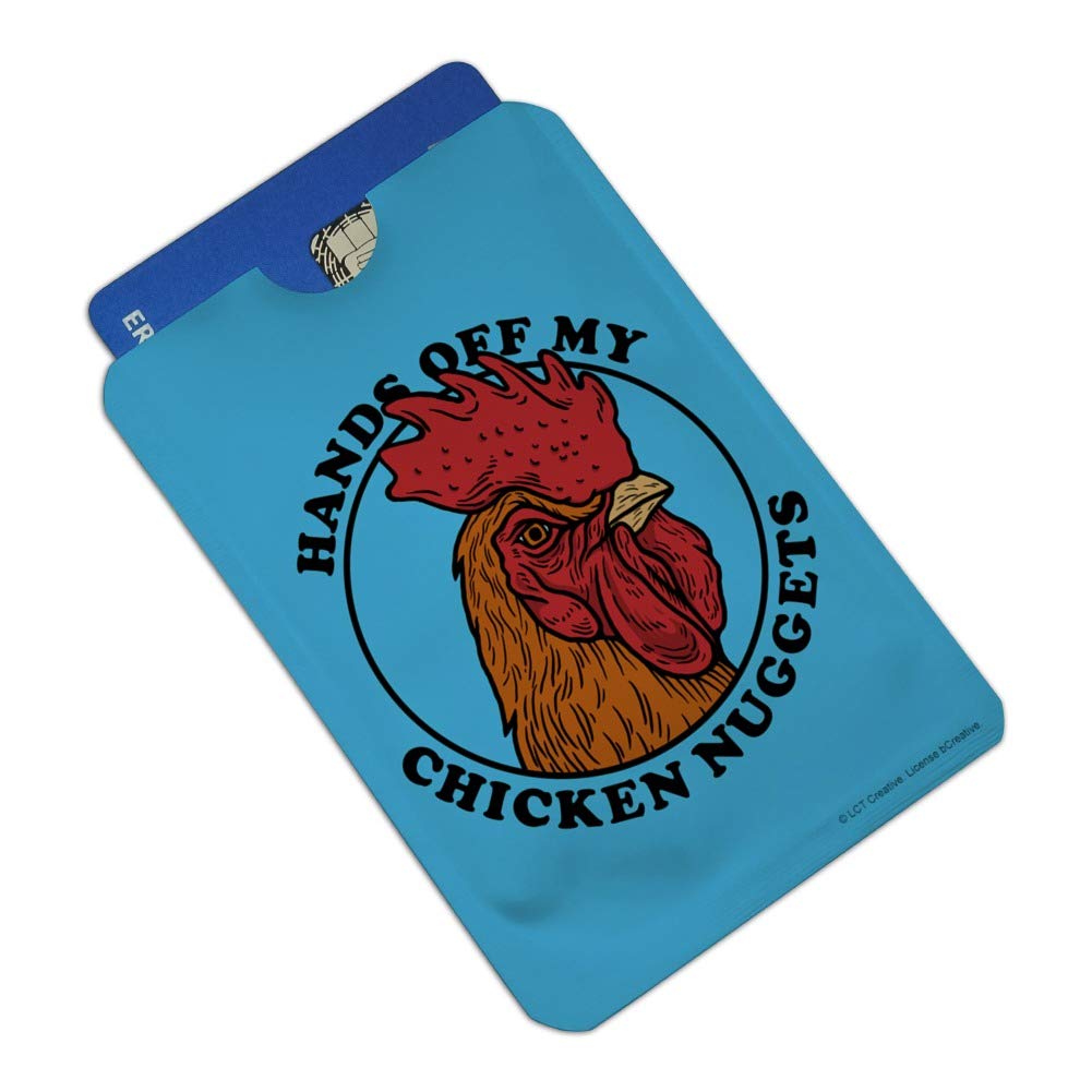 Funny RFID Blocking Wallet Sleeves - Hands Off My Chicken Nuggets Humor - Set of 4 Credit Card Protectors for Travel, Shopping & Identity Theft Protection