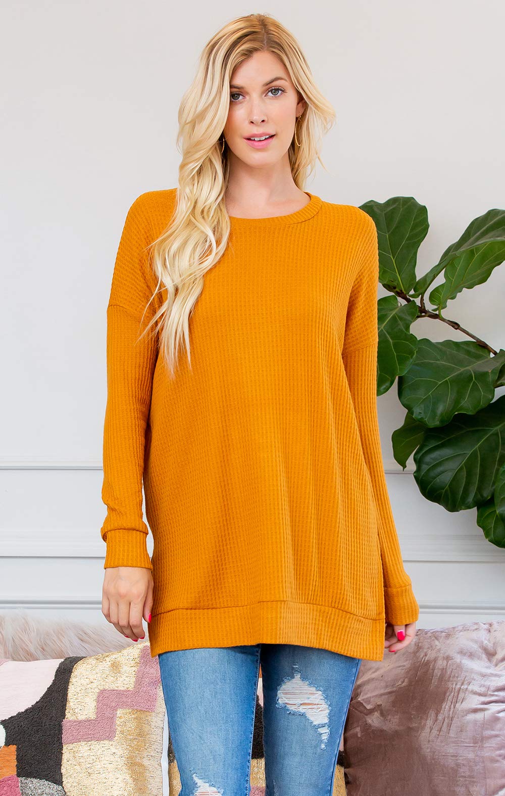 RIAH FASHION Waffle Knit Henley T-Shirt Tunic for Women - Soft Loose Fit Round Neck Long Sleeve Top | Casual Outfit, Layering Essential, Fall Winter Fashion