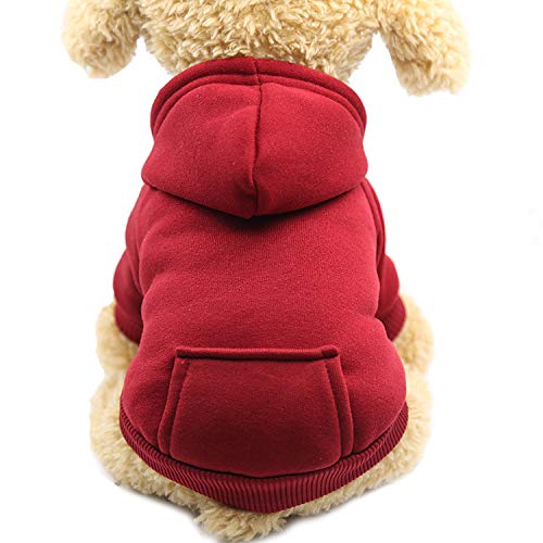 Jecikelon Winter Dog Hoodie Sweatshirt with Pockets - Warm Fleece Dog Clothes for Small Dogs & Puppies - Chihuahua Coat & Cat Costume - Medium Size Wine Red - Perfect for Cold Weather Walks & Indoor Comfort