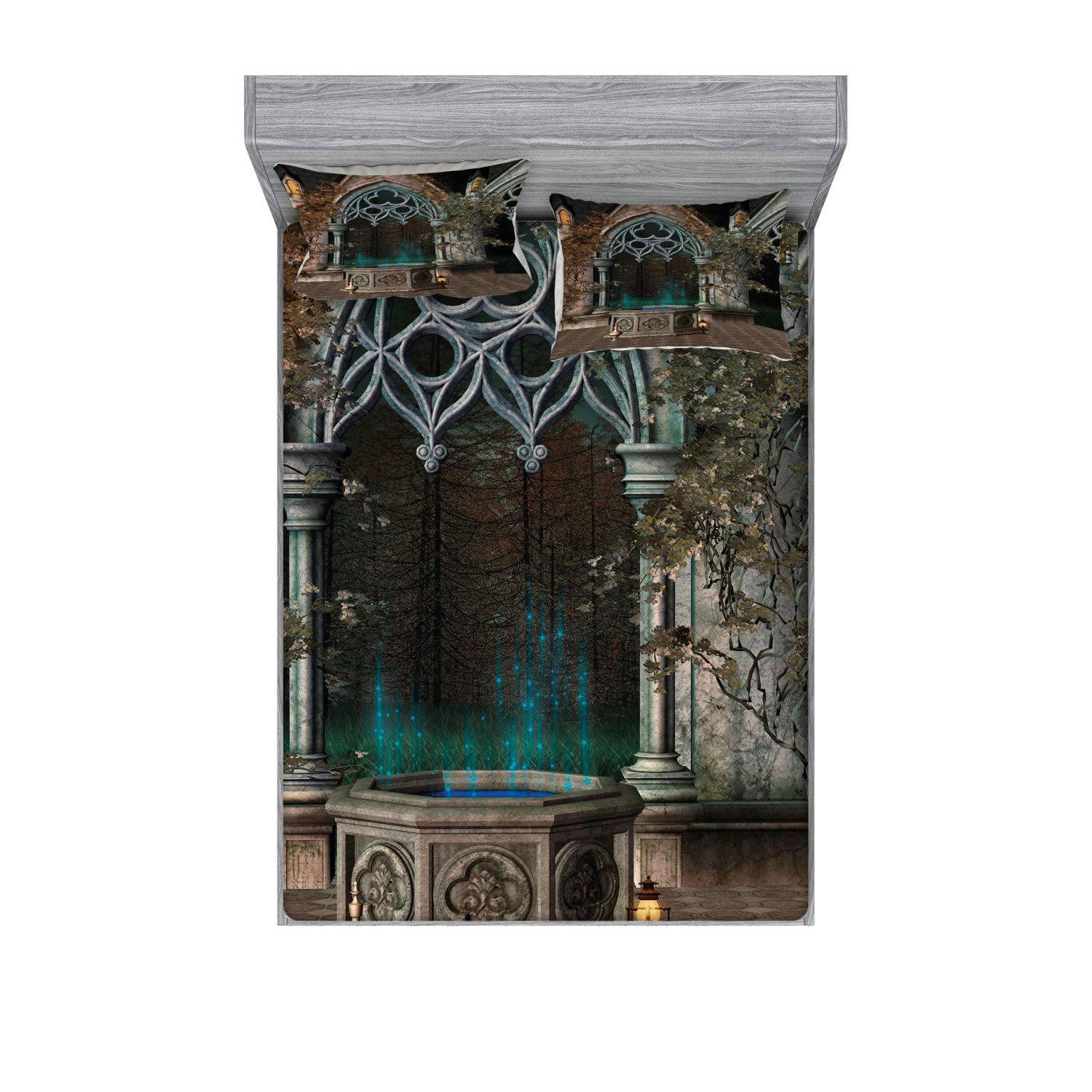 Ambesonne Gothic Fitted Sheet & Pillow Sham Set - Mystical Forest Wishing Well Ivy Print 3-Piece King Size Bedding in Grey Teal | Vintage Home Decor for Gothic & Fantasy Themed Bedrooms