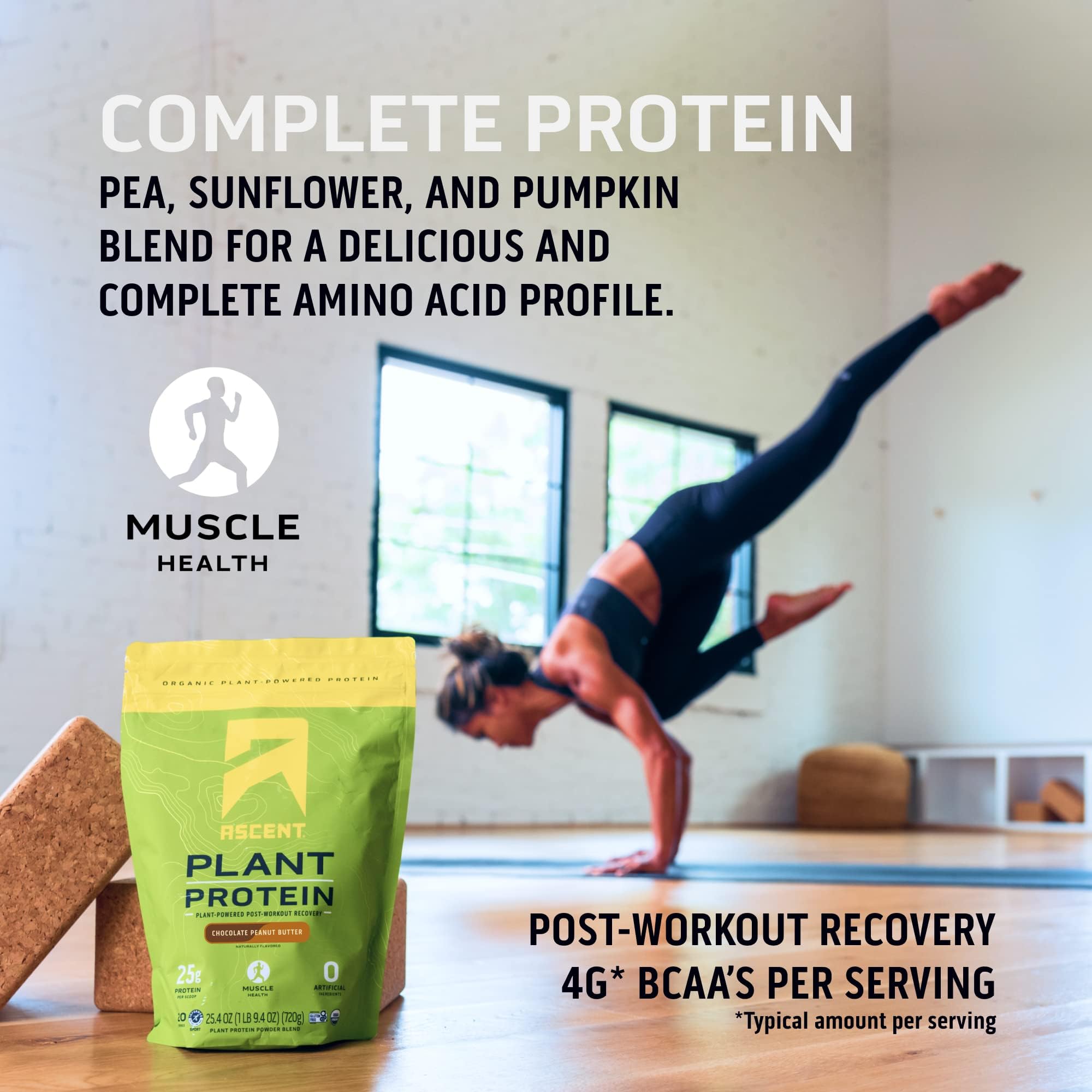 Ascent Plant Based Protein Powder - Vegan Non Dairy Protein Powder, Soy Free, Gluten Free, No Added Sugar, 4g BCAA, 2g Leucine - Vanilla Flavor (20 Servings) | Perfect for Post-Workout Recovery & Healthy Smoothies