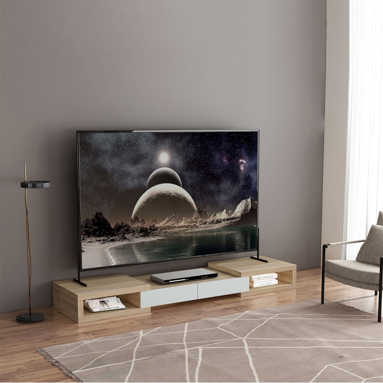 Tauris™ 250cm Light Oak Split Expandable TV Stand - Modern Entertainment Center for Living Room & Home Theater Setup
