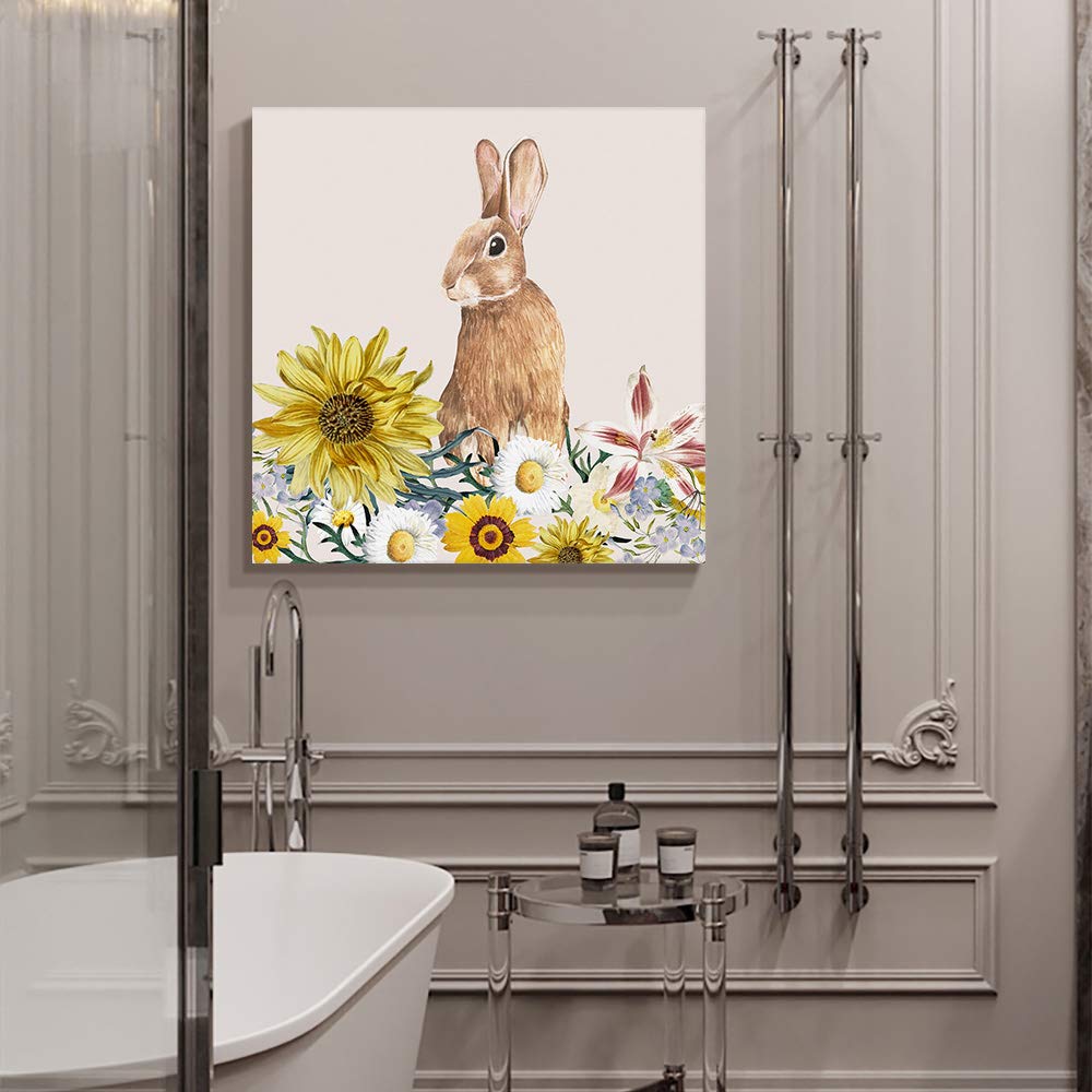 Sunflower Rabbit Easter Day Square Canvas Wall Art - 24x24in Oil Painting for Bedroom & Living Room Decor - Yellow Flower Home Wall Decor Without Frame - Perfect for Spring Decorations & Easter Gift Ideas