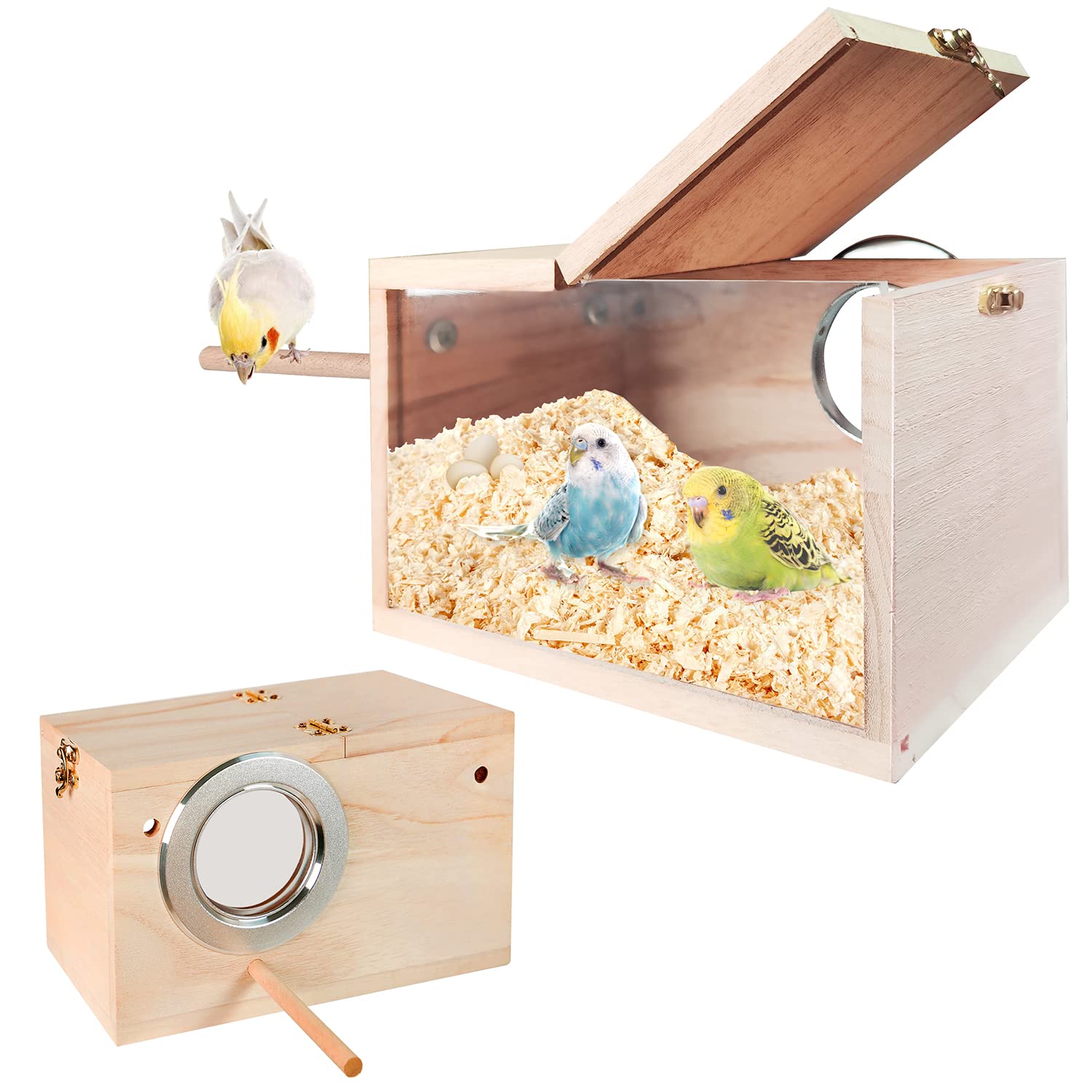 Transparent Wooden Parakeet Nesting Box with Perch - Bird House for Cages - Ideal for Lovebirds, Cockatiels, Budgies & Conures | Perfect for Breeding & Safe Egg Laying in Aviaries