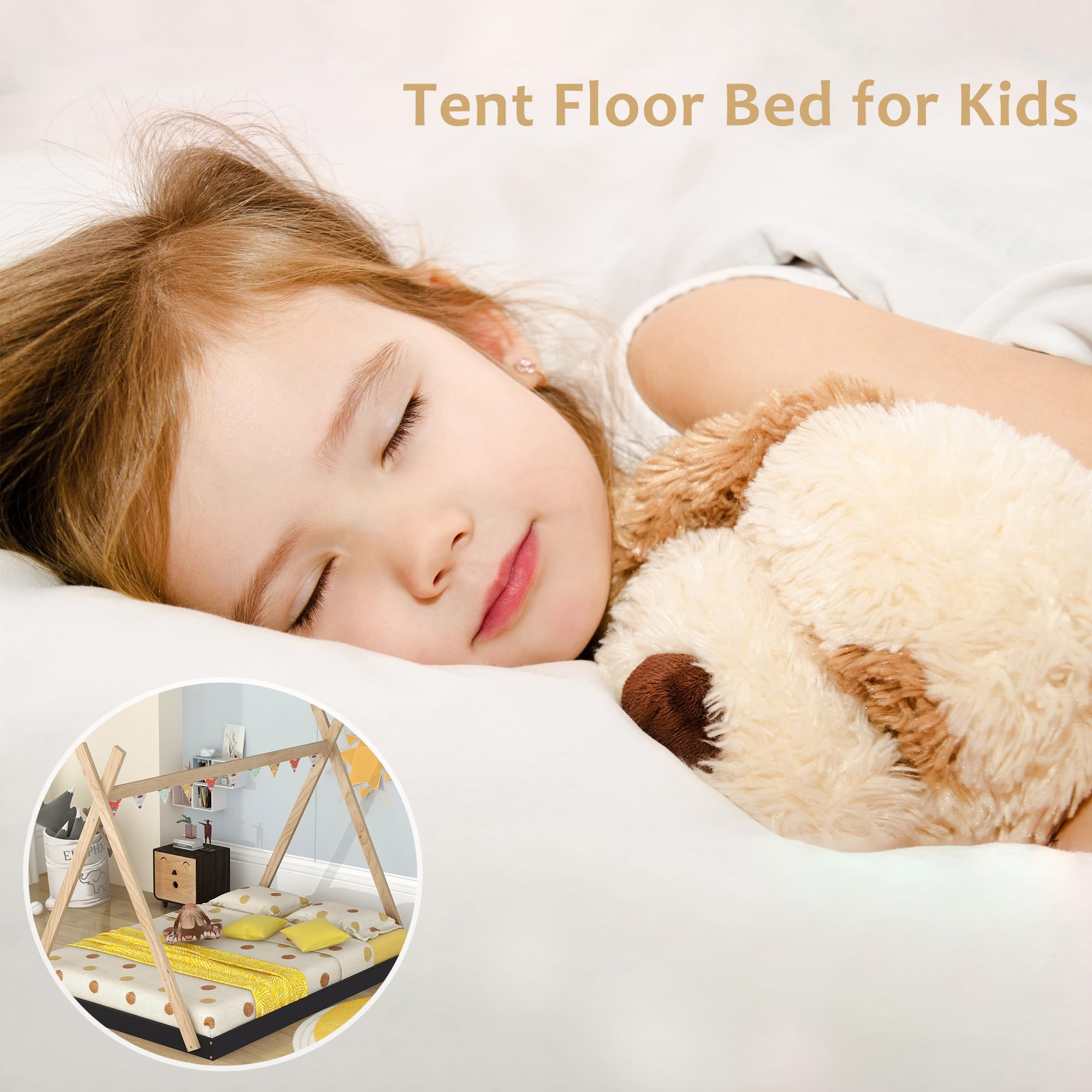 Bellemave Full Size Tent Floor Bed Frame with Sturdy Triangle Structure - Montessori Teepee Platform Bed for Kids, Girls & Boys (Full Size, Black & Brown) - Perfect for Playrooms, Bedrooms & Montessori Learning Spaces