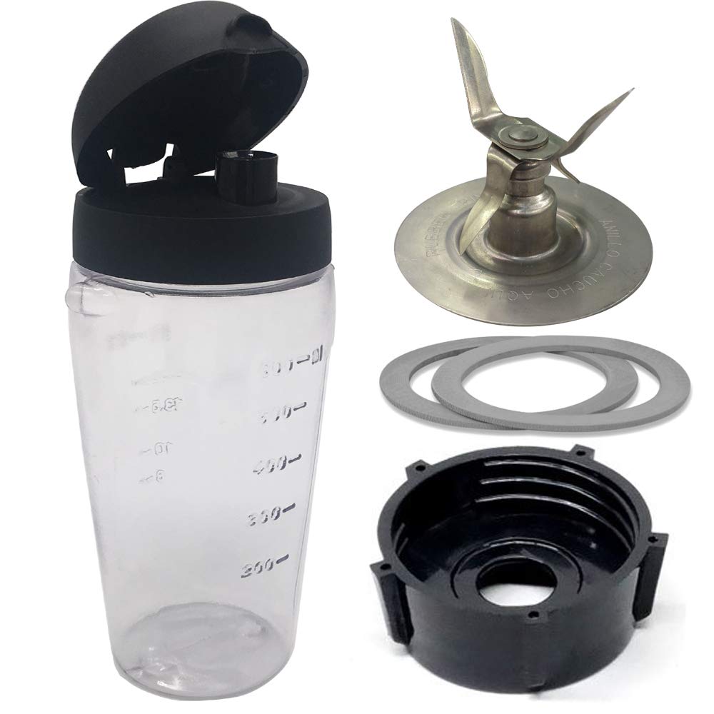 Joystar Ice Crusher Blade with Bottle Cup & Lid - Compatible with Oster Blender Blend-N-Go, Classic Series & Master Series Pre-Programmed Blenders (3 PETG + 4 Stainless Steel Fins) - Perfect for Smoothies, Frozen Drinks & Cocktails at Home