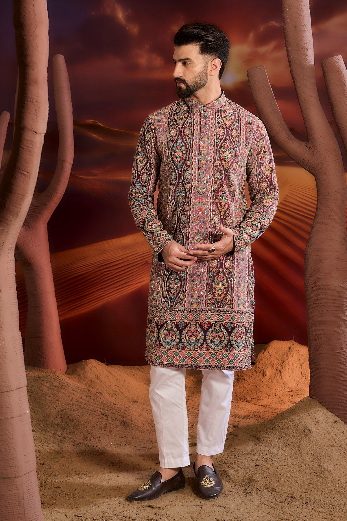 Elegant Purple Floral Kurta with Intricate Multi-Thread & Zari Embroidery - Perfect for Festive Occasions, Weddings, and Ethnic Fashion