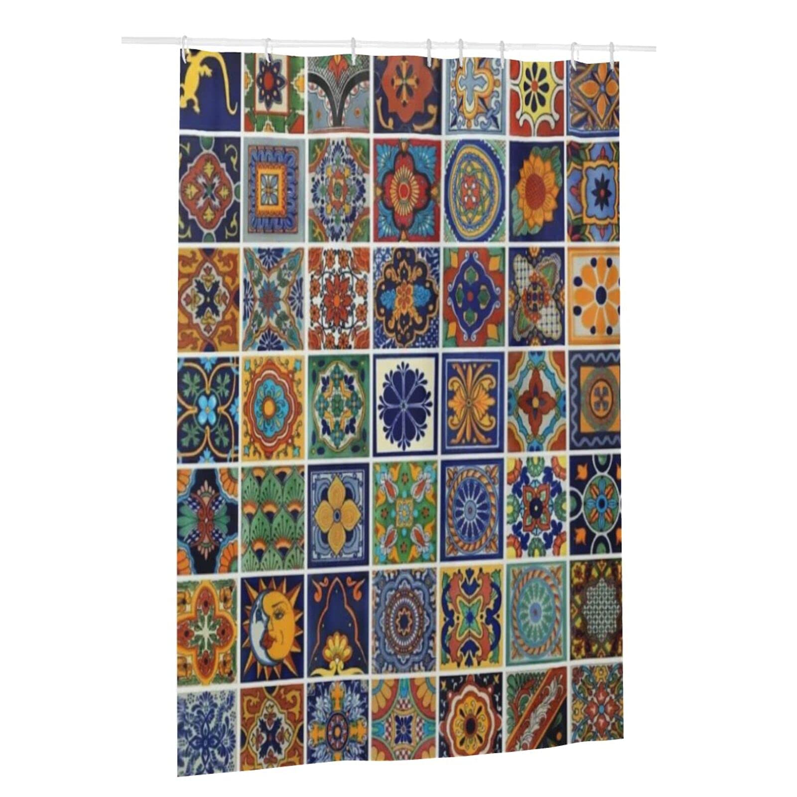 Vintage Talavera Tiles Shower Curtain Set - Mexican Folk Art Bathroom Decor, Waterproof Thick Polyester Fabric with 12 Hooks (48