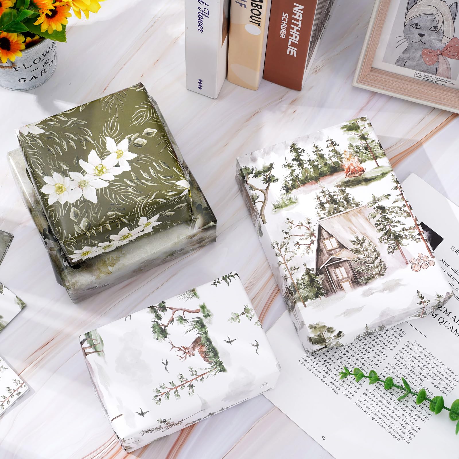 AnyDesign 12-Sheet Greenery Wrapping Paper Set - Forest, Reindeer & Floral Patterns - 19.7 x 27.6 Inch Bulk Gift Wrap for Christmas, Birthday, Party Decorations - Eco-Friendly Art Paper for DIY Crafts & Present Wrapping