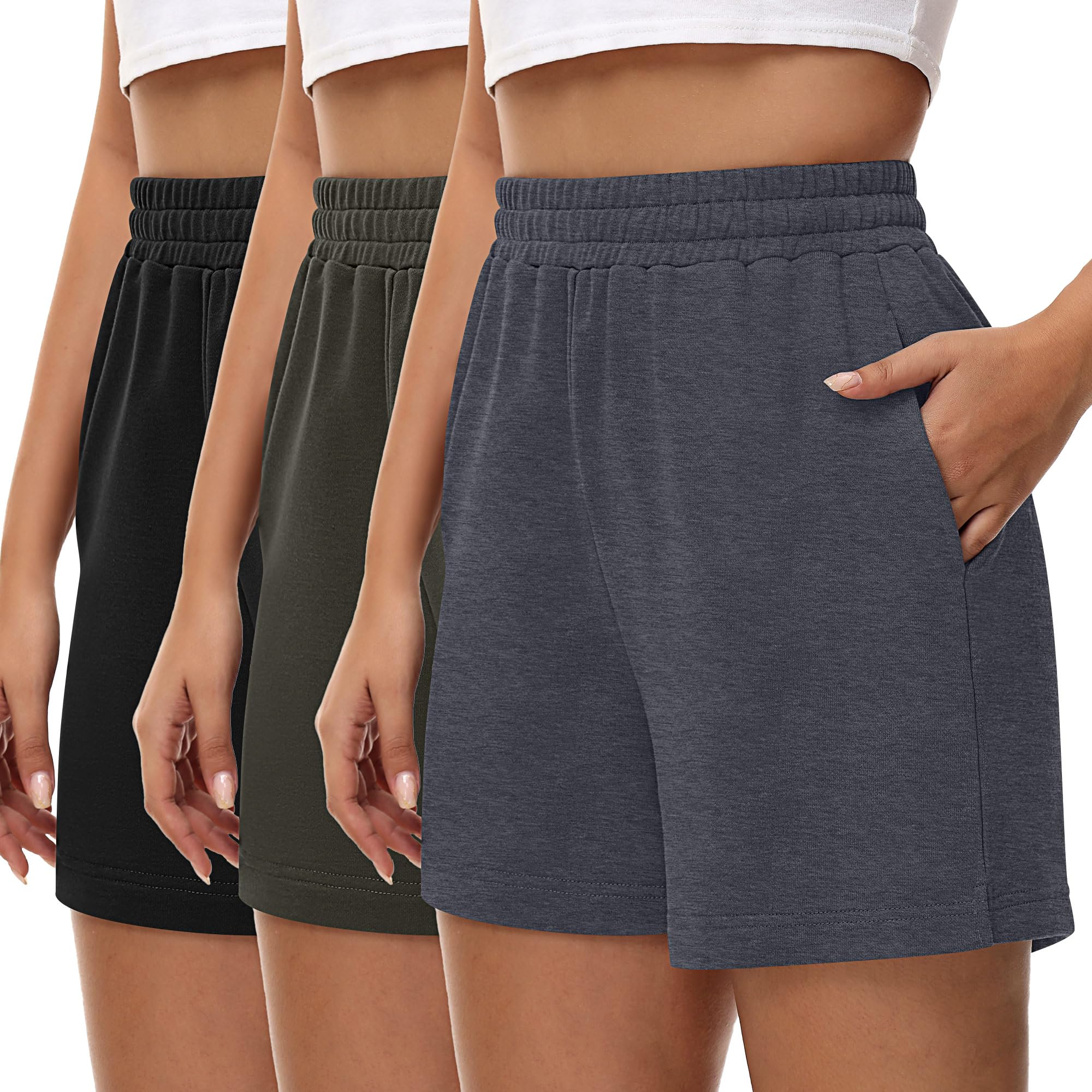 3 Pcs Women's High Waisted Sweat Shorts with Drawstring & Pockets - Athletic Running Shorts for Yoga, Gym, Workout & Casual Wear