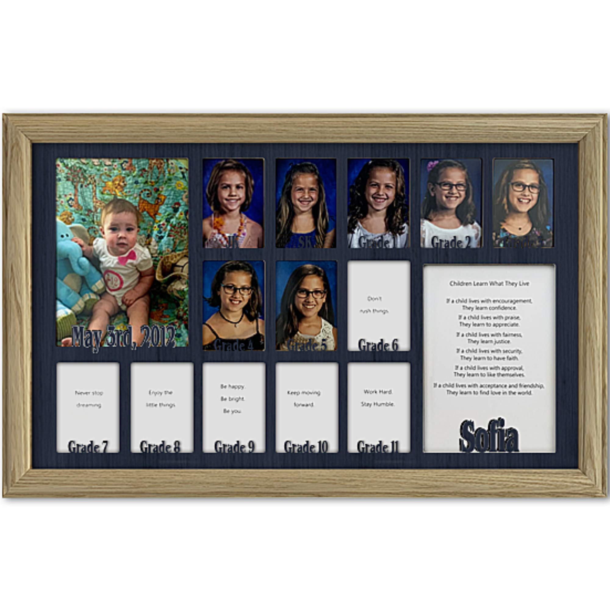 Personalized Northland School-Years Picture Frame - Custom Name Engraved for JK SK to Graduation Photos | Holds Twelve 2.5x3.5 & One 5x7 School Pictures | Unfinished Wood Frame with Navy Mat 12x20 | Perfect for Classroom Displays & Graduation Gifts