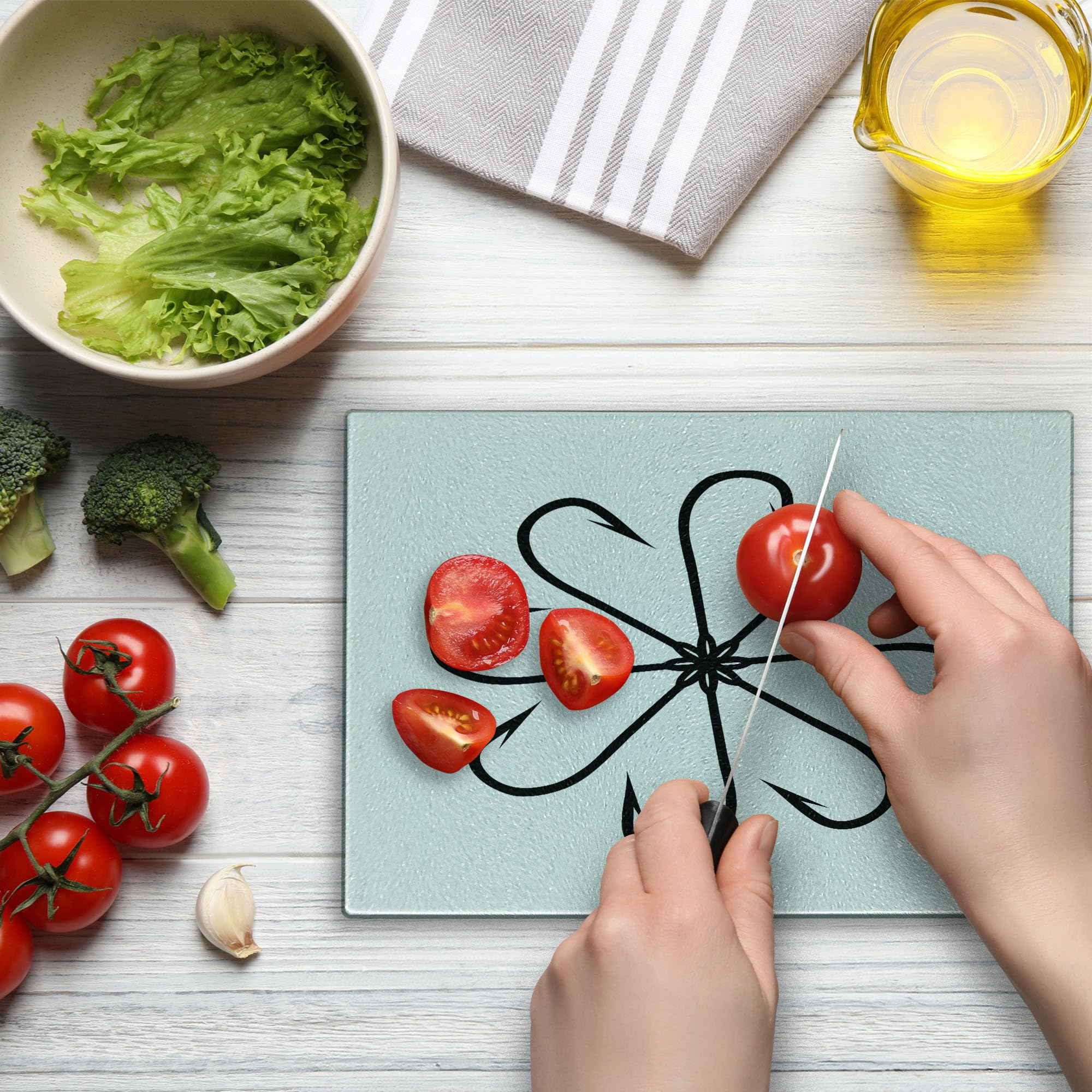 Ambesonne Fishing Cutting Board - Flower Shaped Steel Multi Hook Gaff - Decorative Tempered Glass Cutting & Serving Board - Small Size Black & White - Perfect for Kitchen Prep, Charcuterie Display & Gift Giving