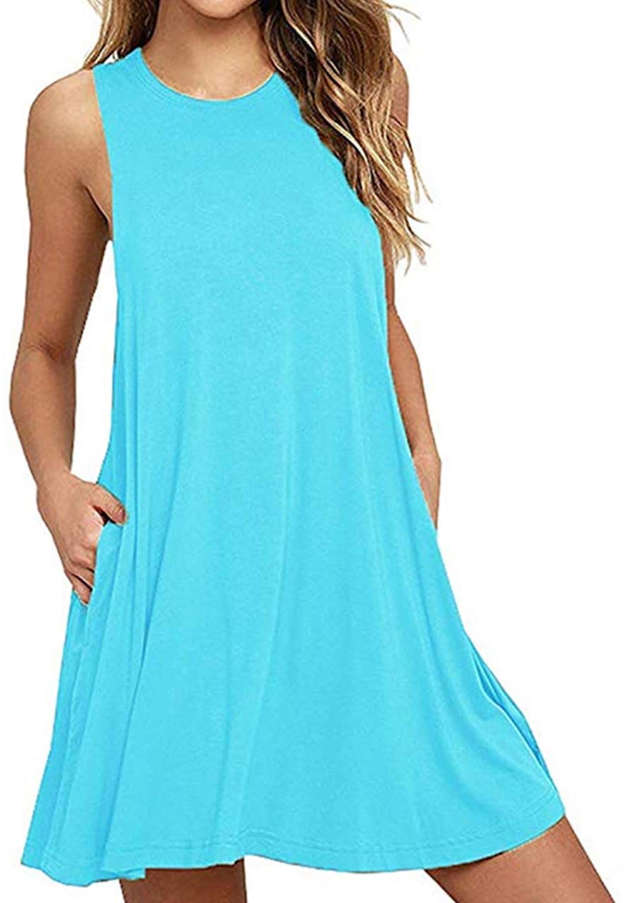 OMZIN Women's Sleeveless Swing Dress - Flared Tank Mini Dress with Pockets for Summer | Casual Outfit, Beach Wear & Party Dress
