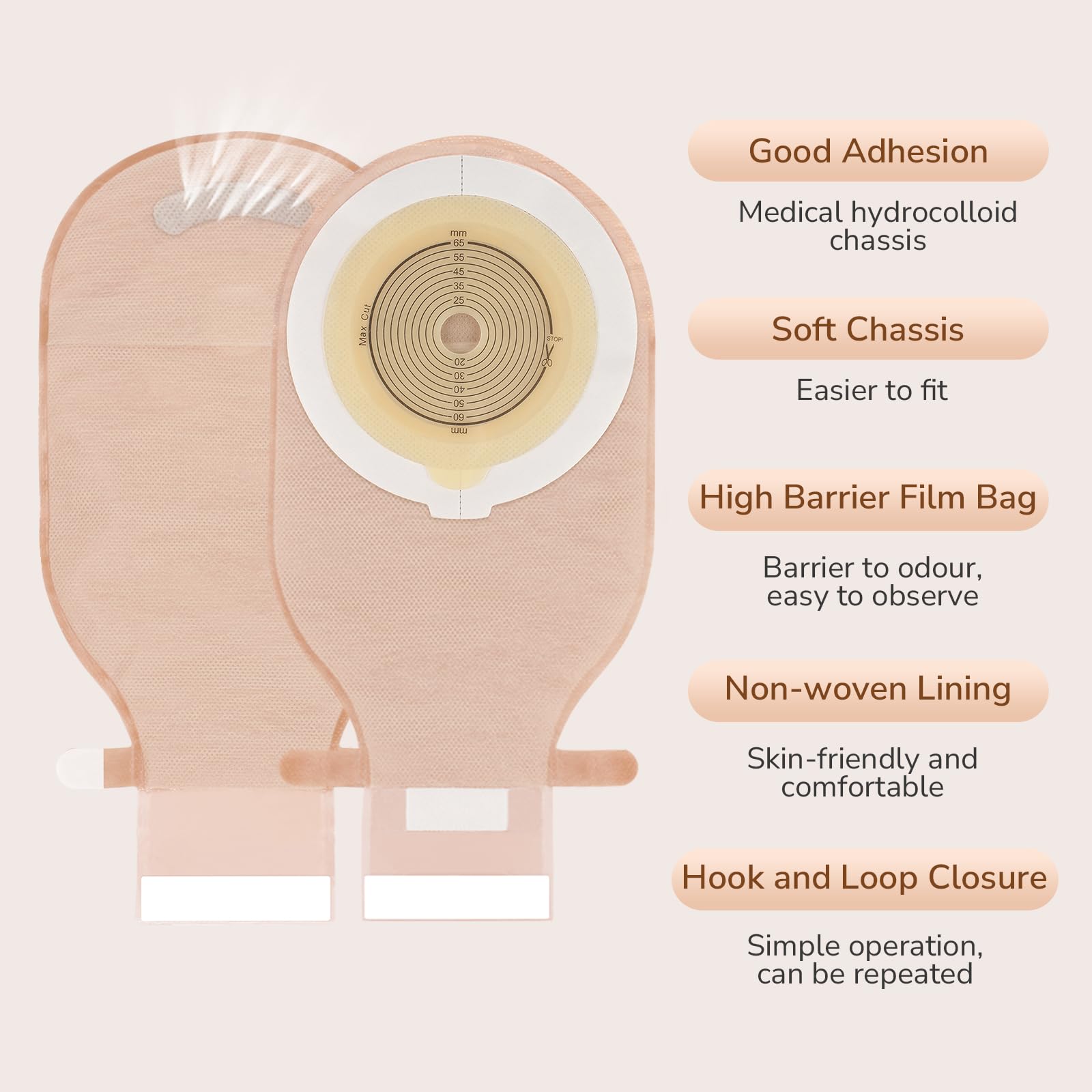 60 PCS Colostomy Bags - Drainable Ostomy Pouches for Ileostomy Care (15mm-65mm) | Hook & Loop Closure | Cut-to-Fit Design | Comfortable & Secure Stoma Supplies for Daily Use, Travel & Active Lifestyle