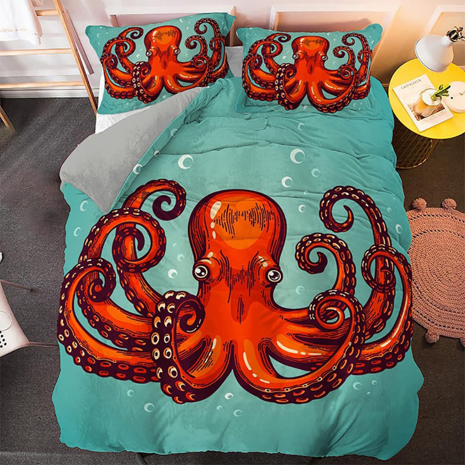 Cute Red Octopus Print Bedding Set - 3 Piece Full Size Duvet Cover, Pillowcase & Soft Quilt | Ocean Theme Bedspread for Boys & Girls | Perfect for Kids' Bedroom, Dorm Room or Beach House Decor