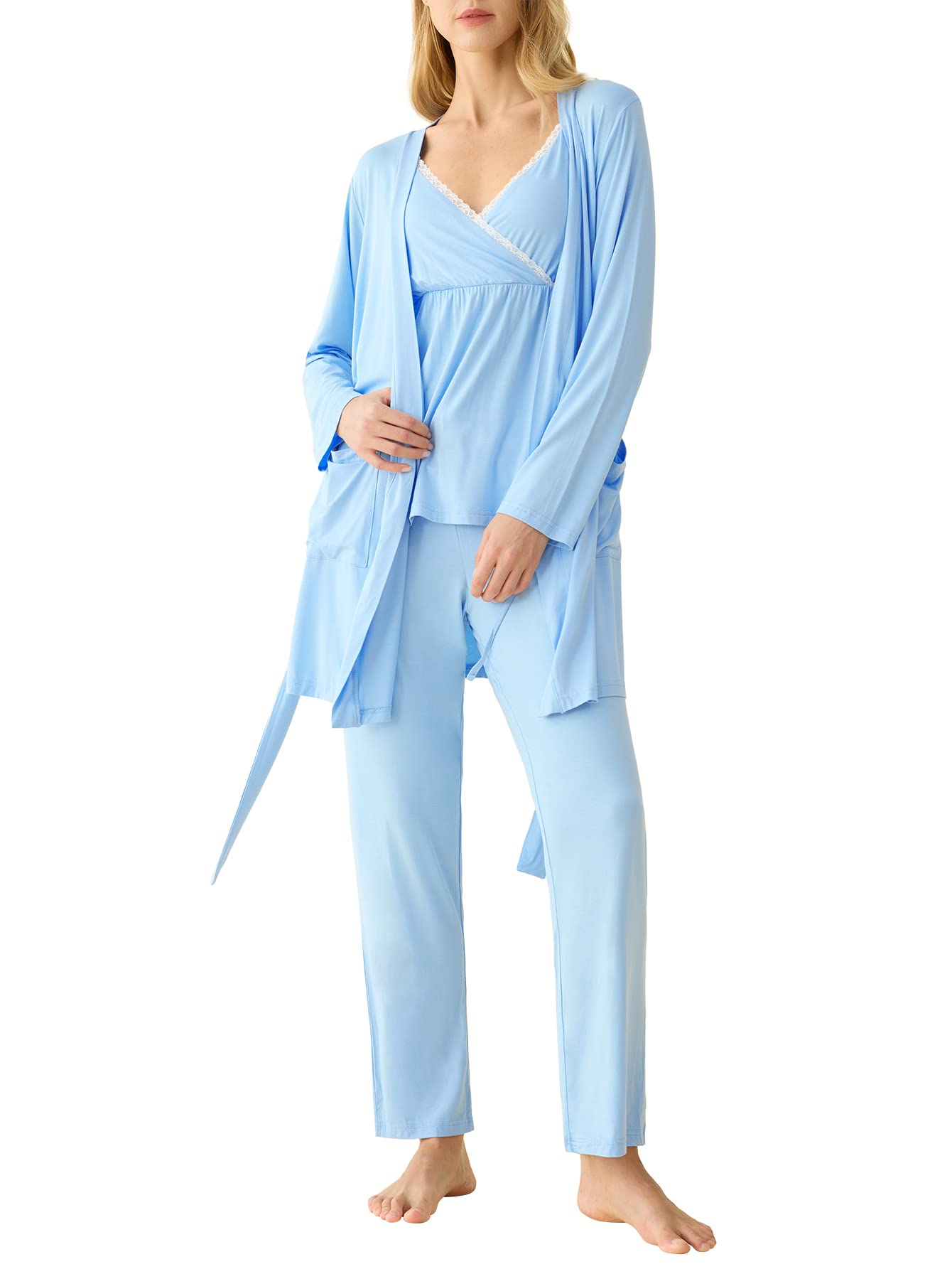 Soft & Comfortable Women's Bamboo Viscose 3-Piece Nursing Pajama Set with Robe - Breathable Maternity Sleepwear for Breastfeeding Moms - Perfect for Nighttime Nursing, Postpartum Recovery & Relaxing at Home