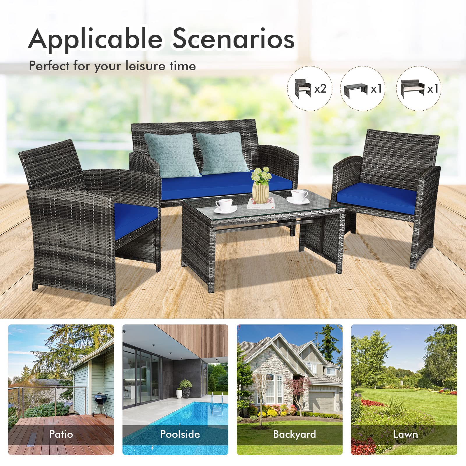 Goplus 4-Piece Outdoor Rattan Patio Furniture Set with Weather-Resistant Cushions & Tempered Glass Tabletop - Wicker Conversation Sofa for Backyard, Garden, Poolside & Lawn (Blue) | Perfect for Relaxing, Entertaining & Outdoor Dining