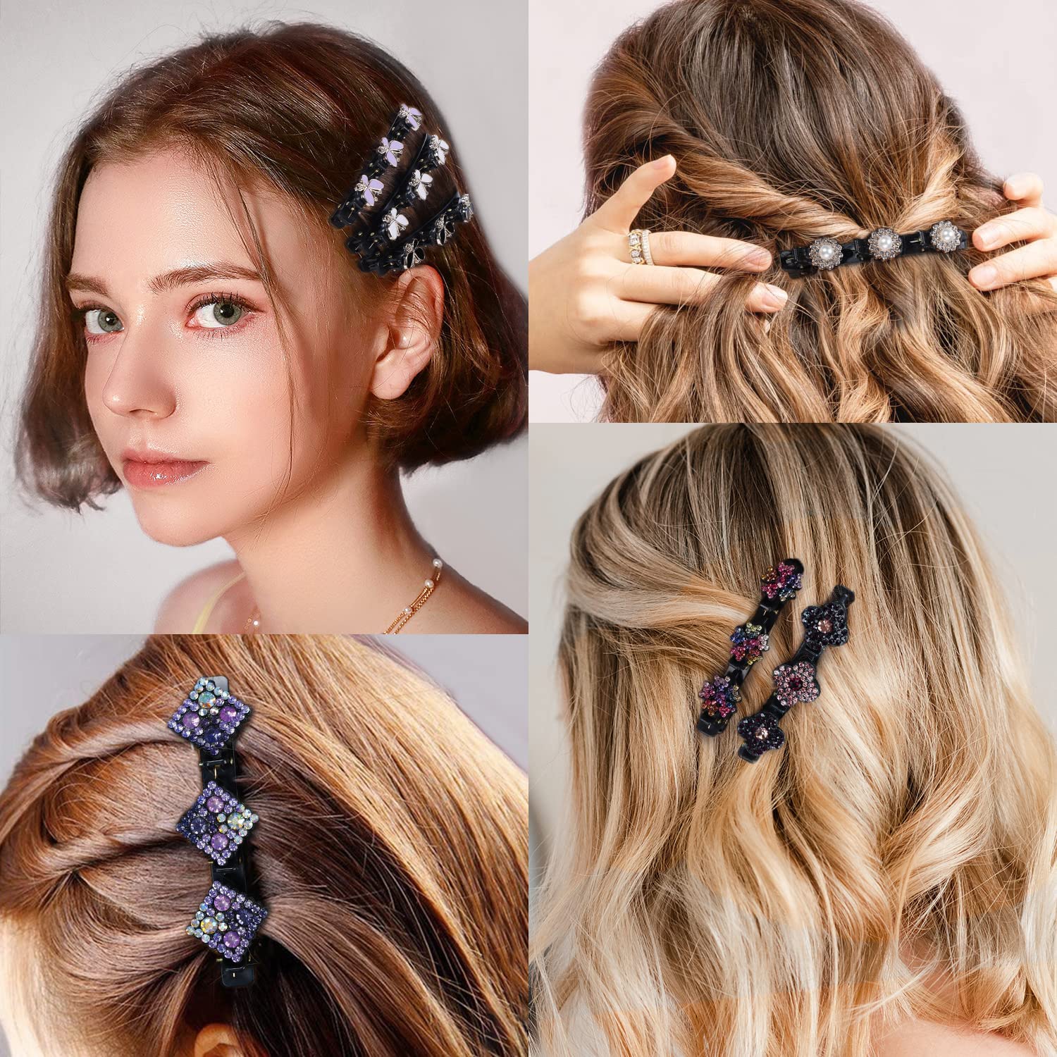 4pcs Sparkling Crystal Rhinestone Braided Hair Clips for Women - Elegant Triple Hair Clips with 3 Small Sectioning Clips - Perfect for Weddings, Parties and Everyday Styling