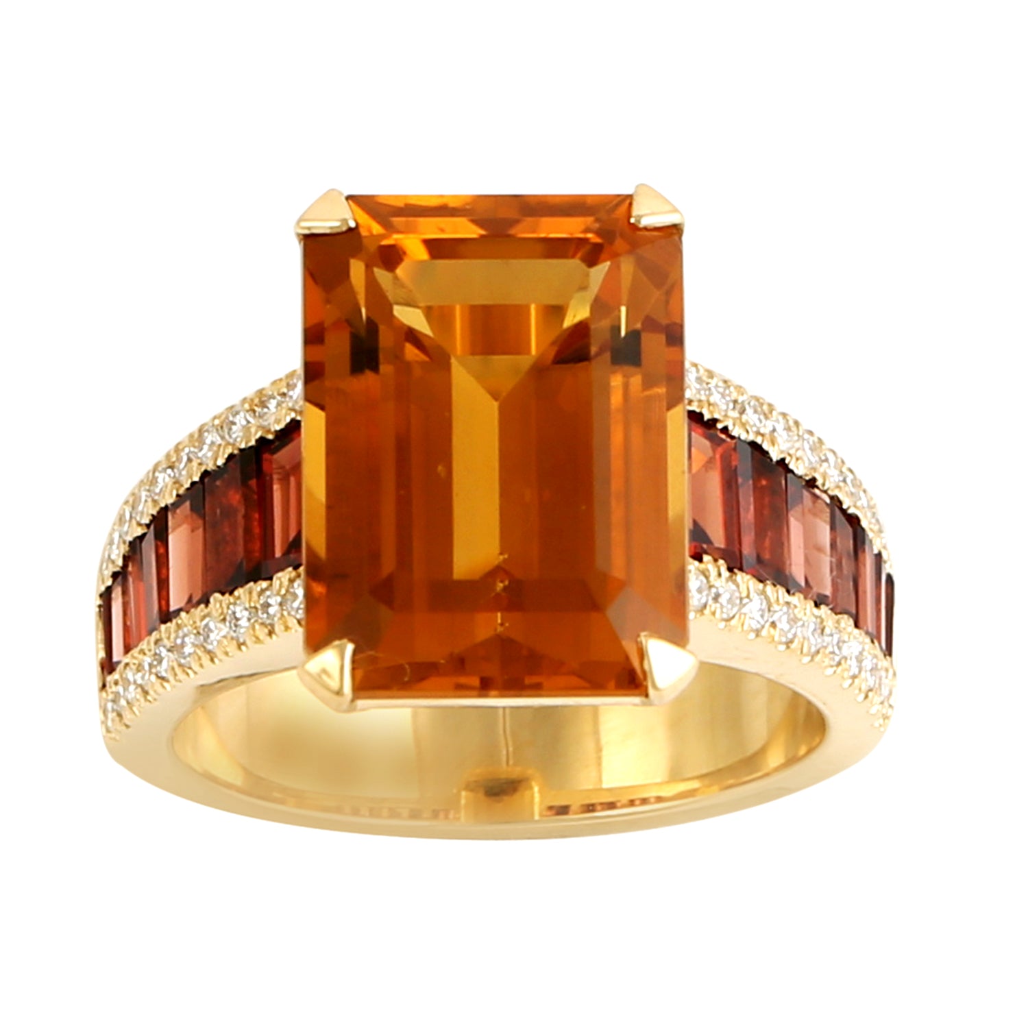 Emerald Cut Citrine & Channel Set Garnet Pave Diamond Cocktail Ring in 14K Yellow Gold - Elegant Evening Wear & Special Occasion Jewelry Gift