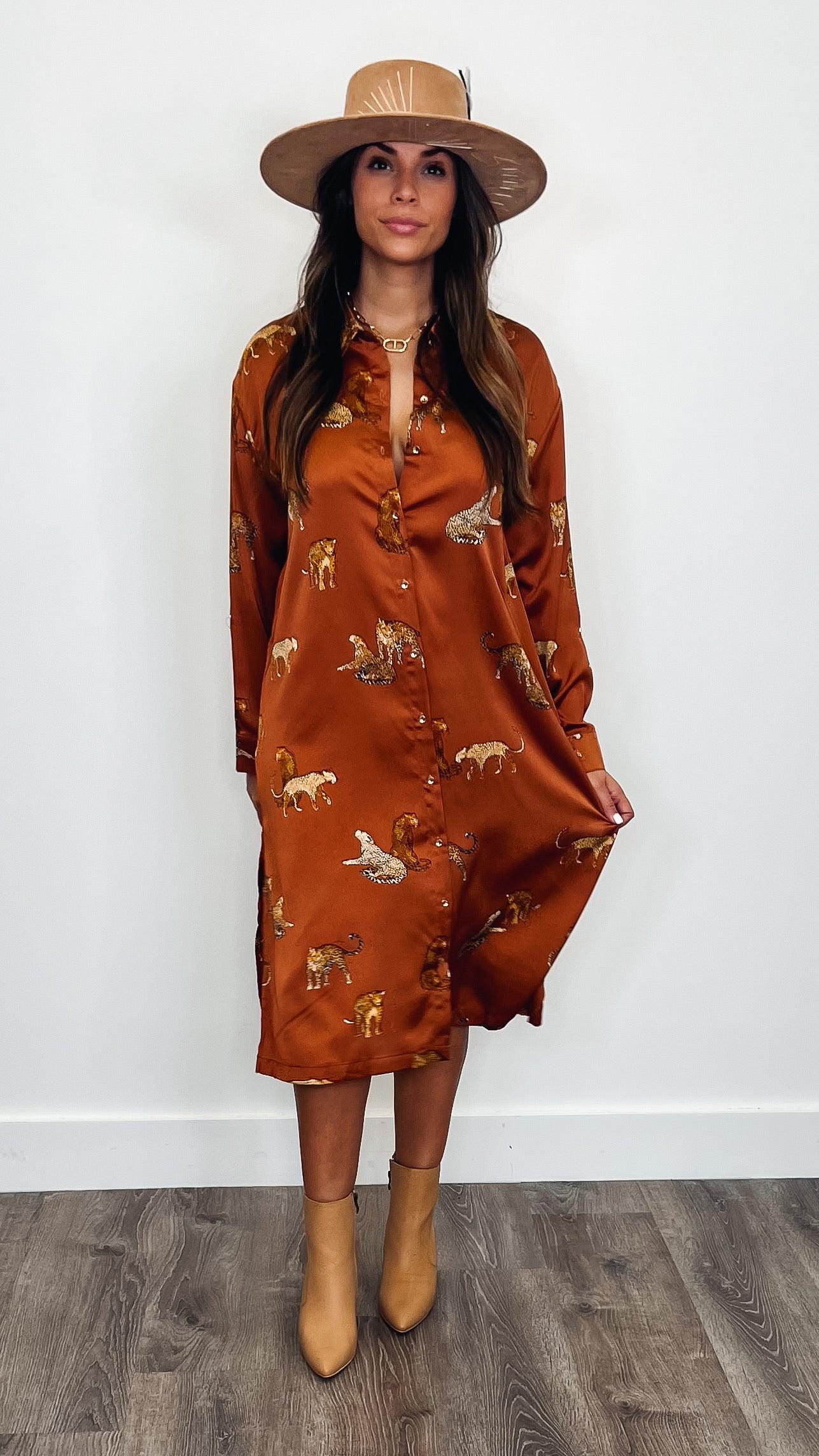 Stylish Brown Tiger Print Fall Dress for Women - Perfect for Autumn Parties, Casual Outings & Seasonal Photoshoots