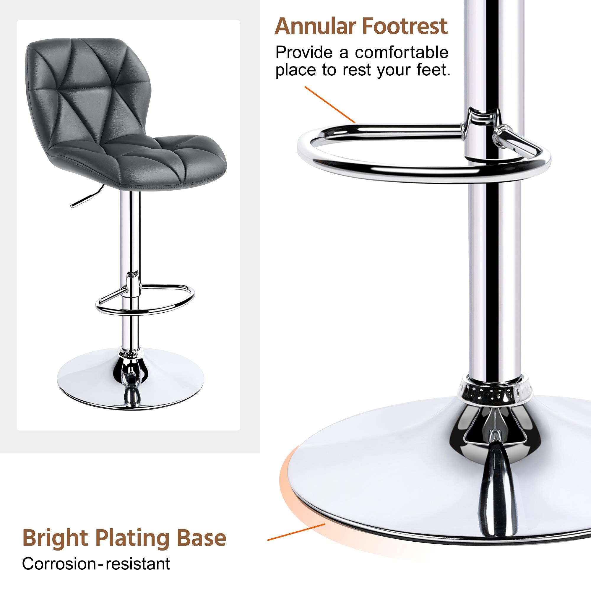 Topeakmart 2-Piece PU Leather Bar Stools Set - 360° Swivel Counter Height Bar Chairs with Backrest, Grey - Perfect for Home Kitchen, Breakfast Nook, and Entertainment Areas