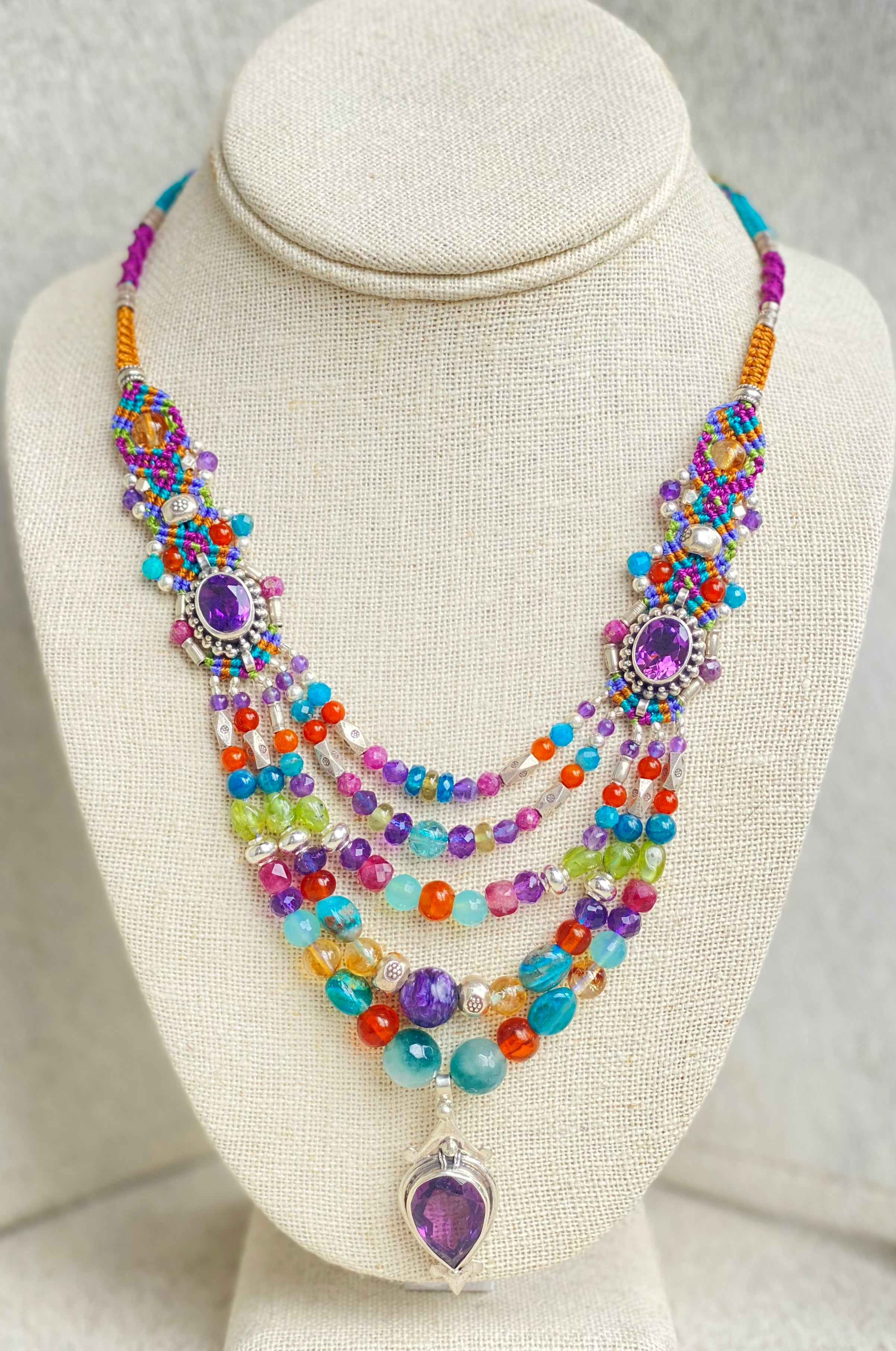 Handmade Macramé Multistrand Necklace with Genuine Amethyst Gemstone - Boho Chic Jewelry for Women, Perfect for Festivals, Weddings & Everyday Wear