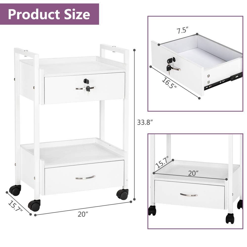 Professional Salon Trolley Cart for Beauty SPA & Massage - White Wooden Rolling Storage Cabinet with 2 Drawers (1 Lockable) - Mobile Utility Station for Estheticians, Tattoo Artists & Medical Supplies - Perfect for Facial Treatments, Waxing & Nail Services