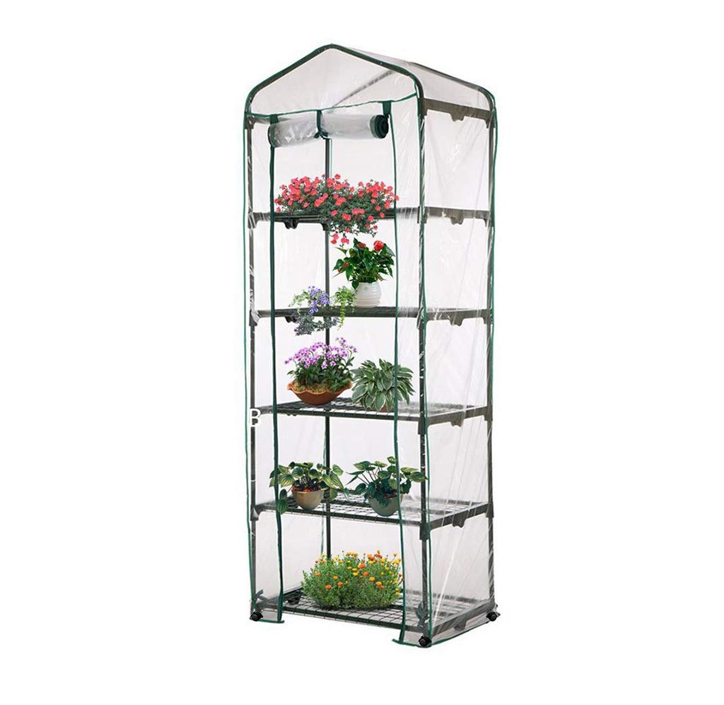 5-Tier Mini Greenhouse with Cover & Roll-Up Zipper Door - Portable Plant Growing Tent with Wheels for Herbs, Flowers, Potted Plants | Indoor/Outdoor Gardening, Balcony & Patio Use
