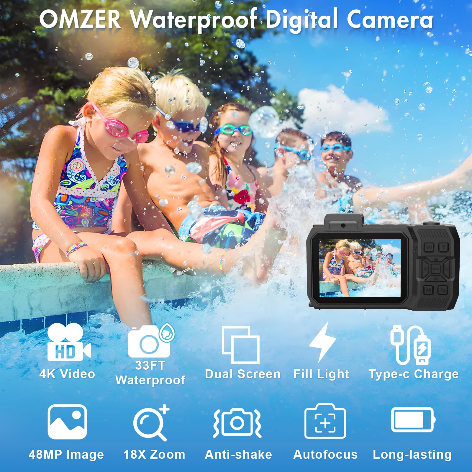 Omzer 48MP Waterproof Digital Camera - IP68 Underwater Camera 33FT, 4K Autofocus HD Dual Screen Selfie, 18X Zoom Compact Point and Shoot Video Camera for Kids - Perfect for Snorkeling, Travel & Outdoor Adventures