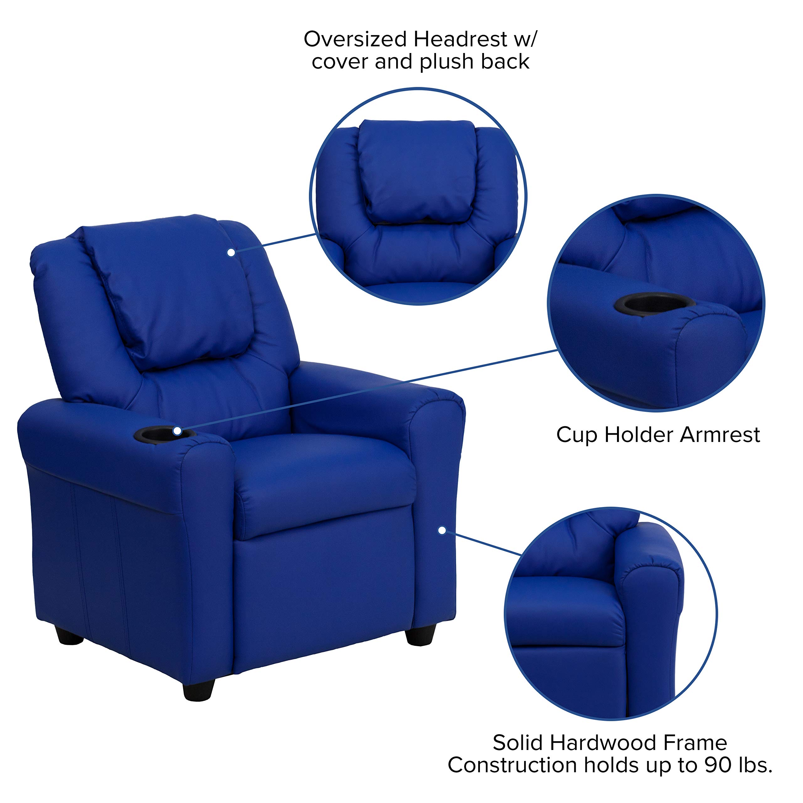 Blue Vinyl Kids Recliner Chair with Cup Holder & Headrest - Comfortable Children's Lounge Chair for Playroom, Bedroom or TV Watching