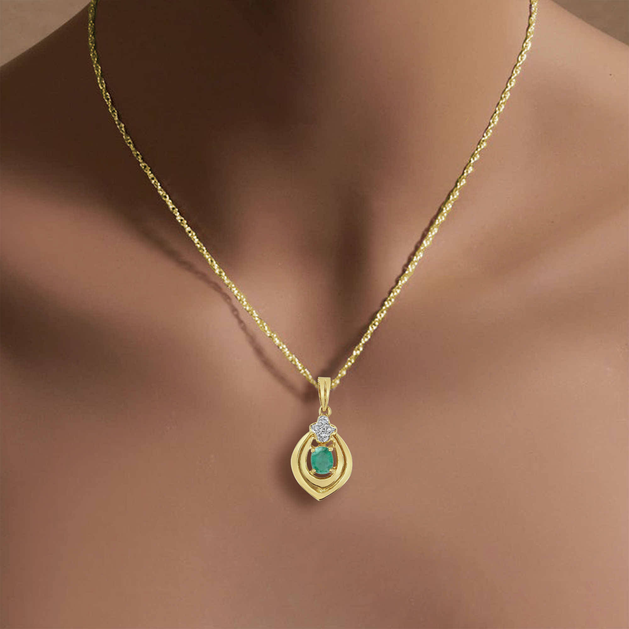 14K Yellow Gold Oval Emerald and Diamond Accent Necklace for Women - Elegant Gift for Anniversary, Birthday & Special Occasions