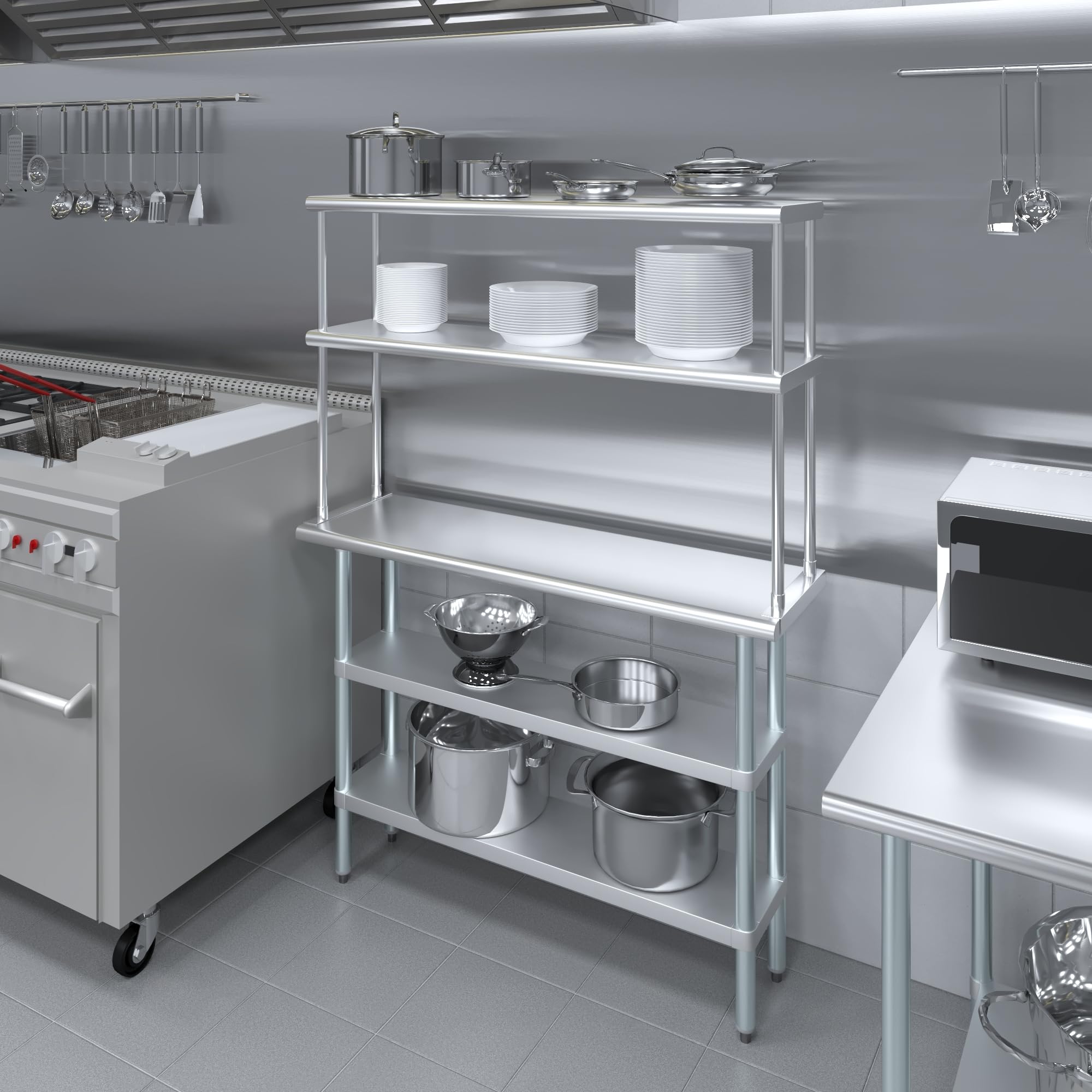 Amgood Stainless Steel Work Table with 2 Shelves | Heavy Duty Metal Kitchen Prep Table & Storage Shelving Combo (14