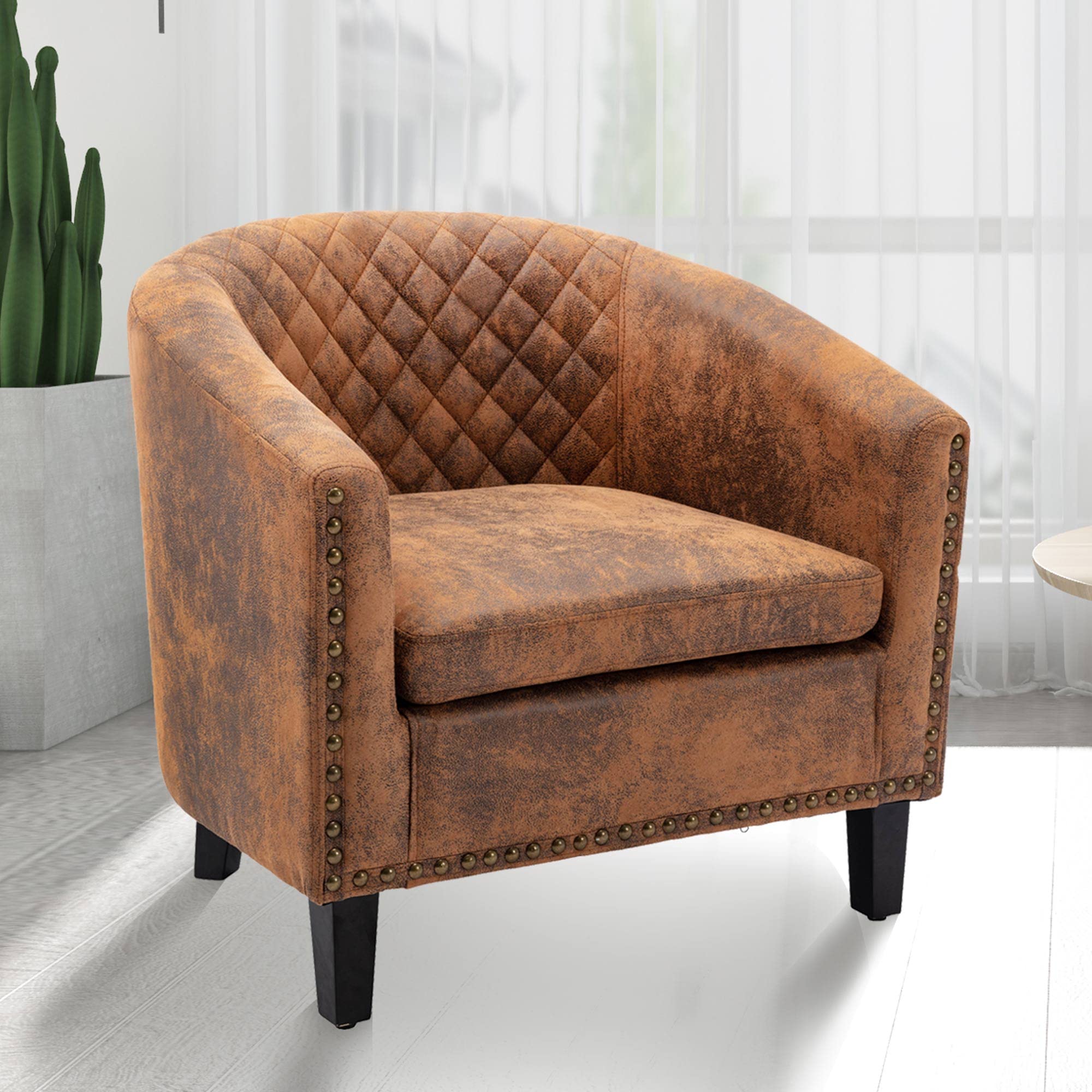Stylish Accent Barrel Chair with Arms - Soft Microfiber Upholstery, Solid Wood Legs & Nailhead Trim - Perfect for Living Room, Reading Nook or Office Waiting Area - Comfortable Bucket Tub Chair in Coffee Brown