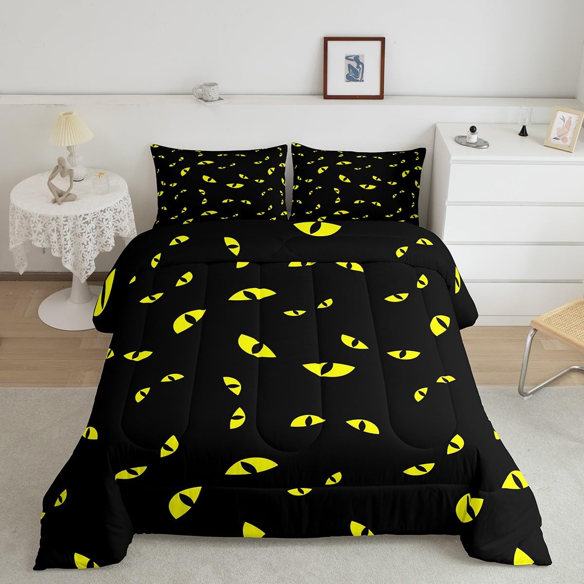 Erosebridal Yellow Eyes Queen Size Bedding Set - Kawaii Duvet Cover & Comforter Set with Dark Night Animal Eyes - Halloween Decor for Kids, Boys Room, and Spooky Home Decorations (Perfect for Halloween Parties, Themed Bedrooms, and Seasonal Home Styling)