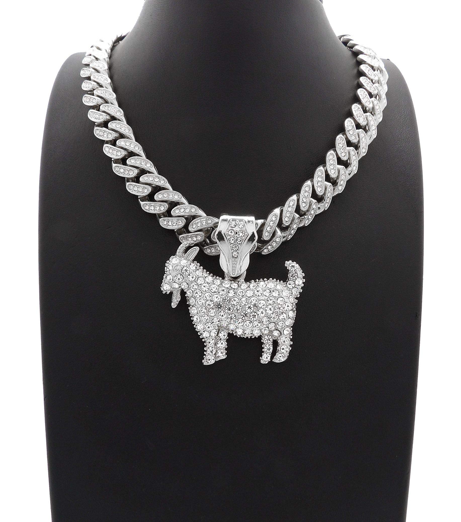 NYFASHION101 12mm Iced Out Miami Cuban Chain Necklace with Stone Stud Horned Goat Pendant - Hip Hop Jewelry for Men, Streetwear Accessory, Gift for Rappers & Bikers