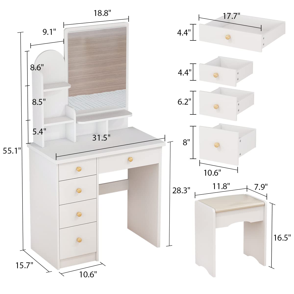White Vanity Table Set with Mirror & Drawers for Girls & Women - Perfect for Makeup & Dressing