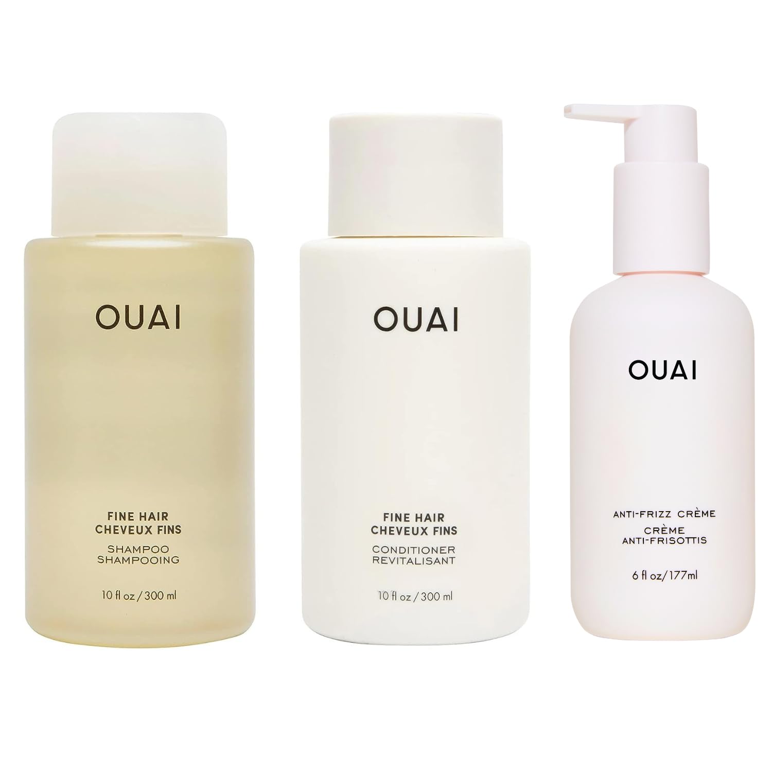 OUAI Anti-Frizz Bundle for Fine Hair - Smoothing Crème, Shampoo & Conditioner Set (3-Piece) | Hydrating Hair Care for Frizz Control & Shine | Perfect for Daily Use & Travel