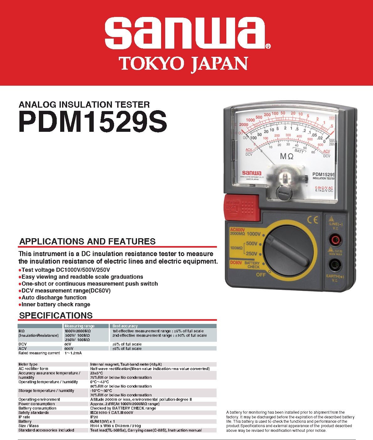 Sanwa PDM1529S Analog Megohmmeter - Insulation Resistance Tester & Earth Resistance Meter for Electrical Equipment Testing | Multi-Range Measurement | Perfect for Industrial Maintenance, HVAC Systems and Electrical Safety Inspections