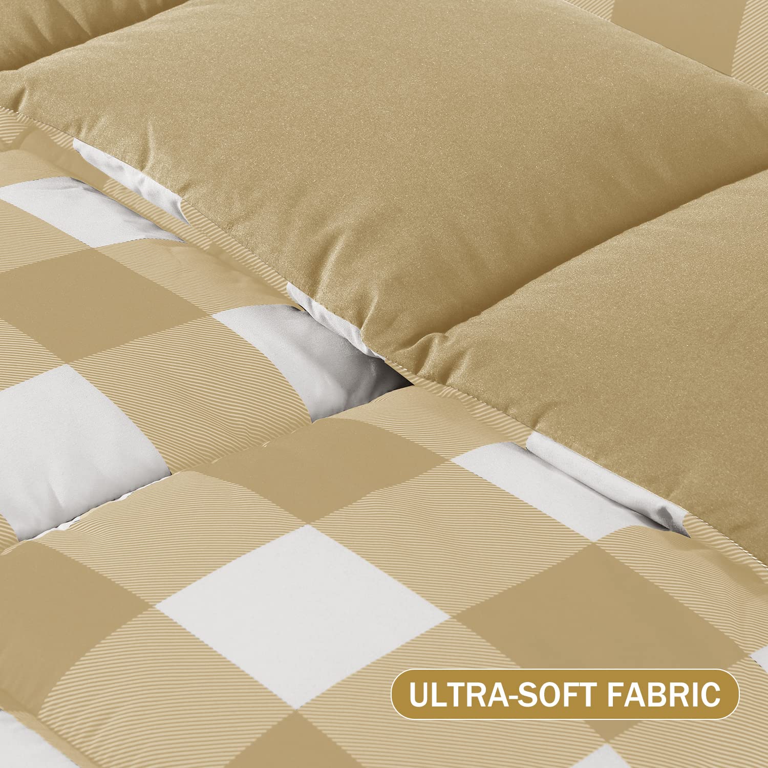 Downluxe Lightweight Plaid Comforter Set Queen Size - 3 Piece Reversible Down Alternative Bedding with 2 Pillow Shams - Khaki White Plaid Pattern - Soft Breathable All Season Comforter for Cozy Bedroom Decor