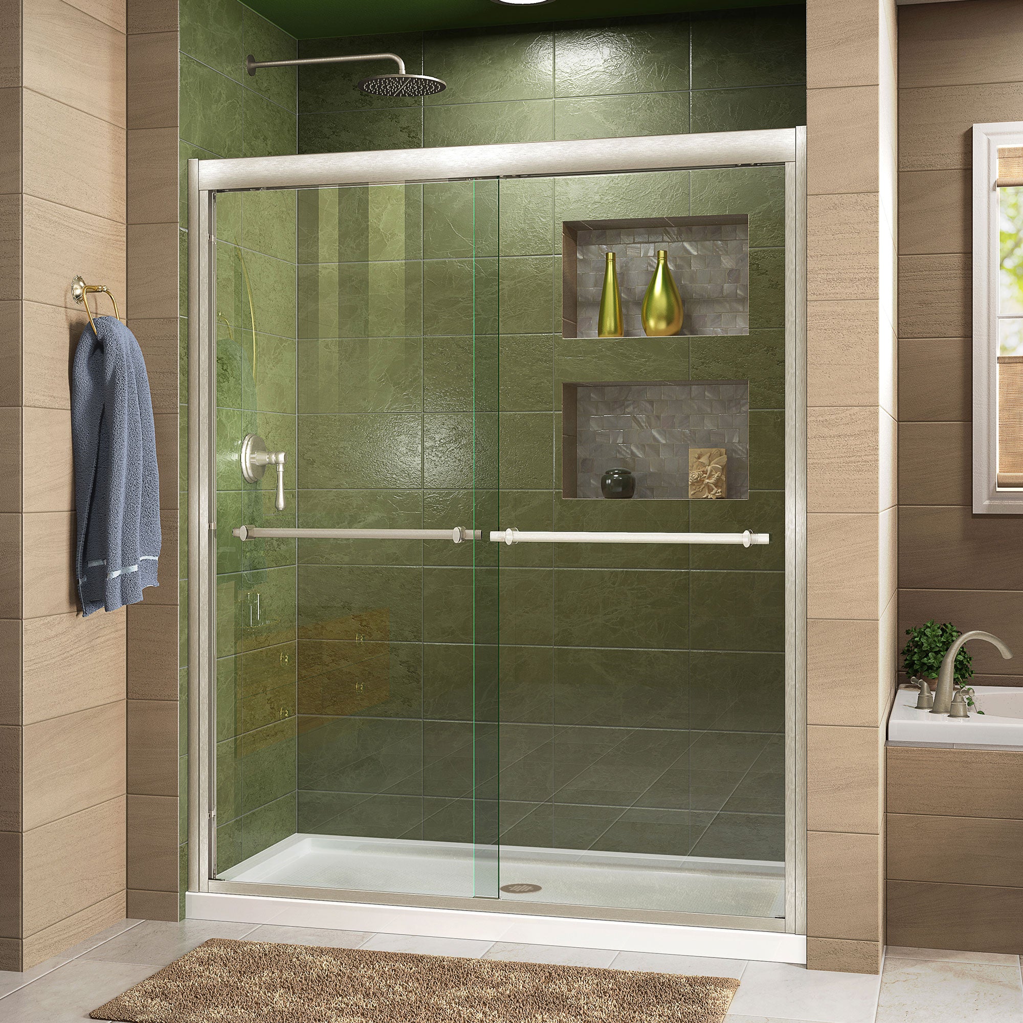 DreamLine Duet 32x60x74.75 Inch Semi-Frameless Bypass Shower Door - Brushed Nickel & White Base with Center Drain | Perfect for Modern Bathroom Renovations & Space-Saving Designs