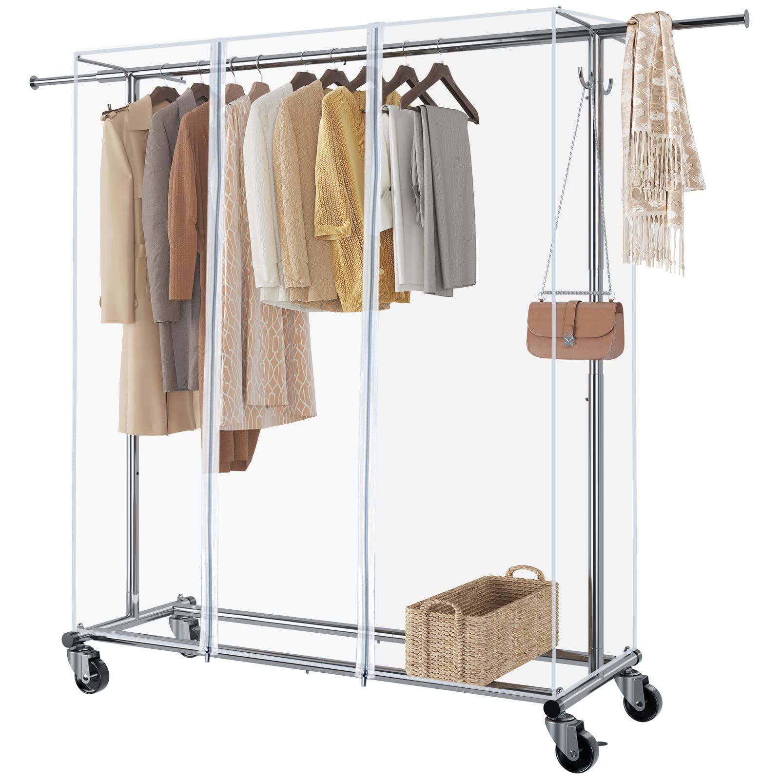 GREENSTELL Heavy Duty Adjustable Rolling Clothes Rack with Cover - 67x66x21 Inch Commercial Garment Rack with Extendable Hanging Rail, Wheels & 2 Hooks - Perfect for Retail Stores, Boutiques, Home Closet Organization & Laundry Room Storage