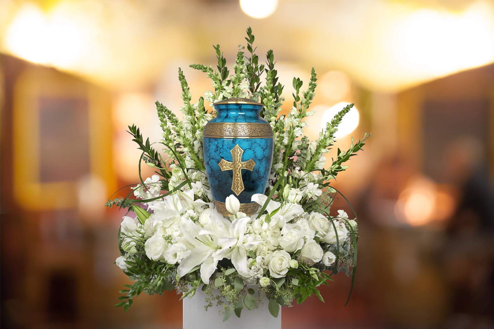 Blue Cross Cremation Urn for Ashes - Personalized Adult Male Urn for Human Ashes | Handcrafted Decorative Urn with Cross Design | Large Capacity Memorial Urn for Funeral, Memorial Service & Home Display